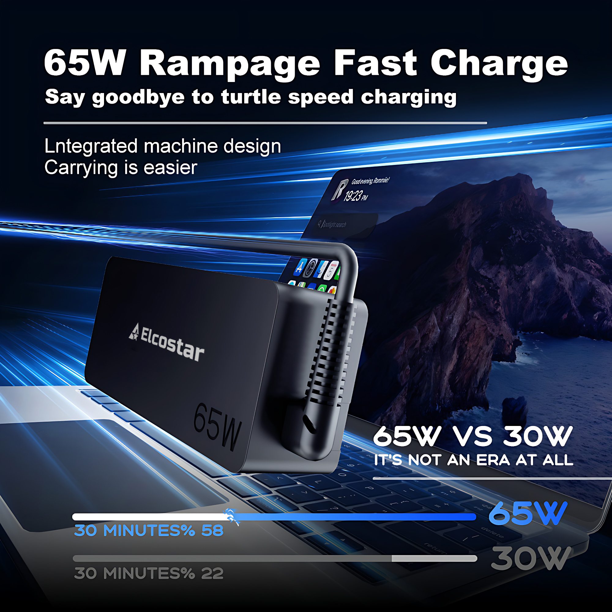 Een zwarte Elcostar 65W lader op een laptop. 30 min laden 58% vs 22%.