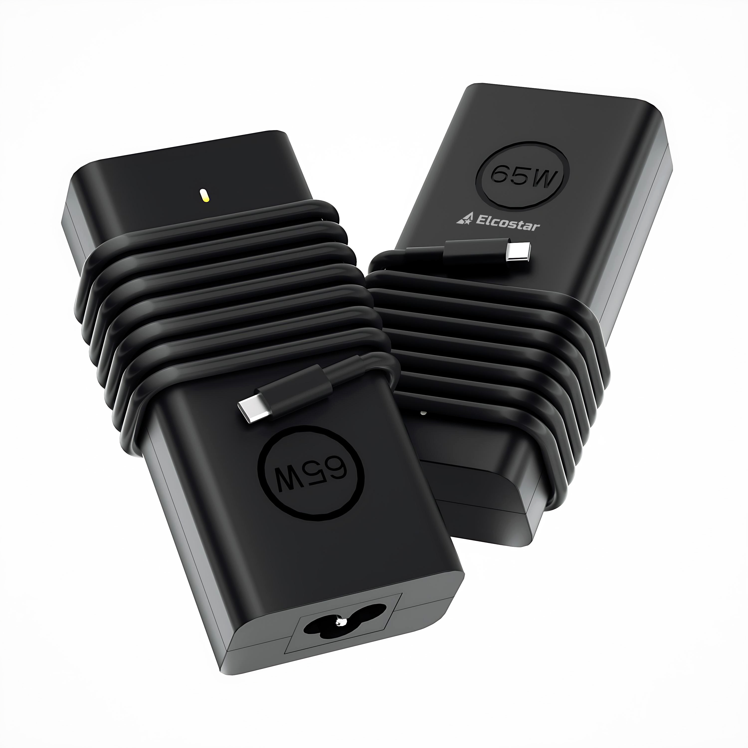 Twee zwarte 65W Elcostar stroomadapters met USB-C kabels op witte achtergrond.