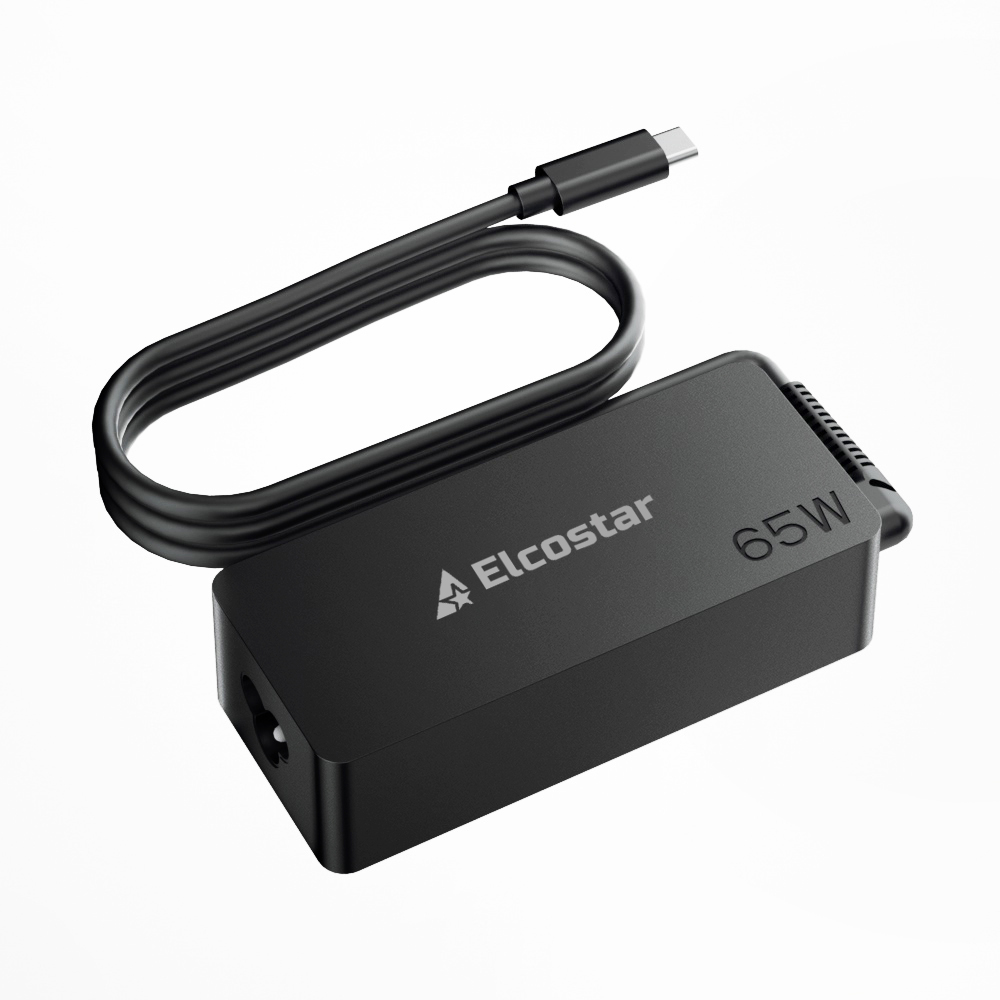 Zwarte Elcostar 65W USB-C lader met opgerold snoer en USB-C connector.