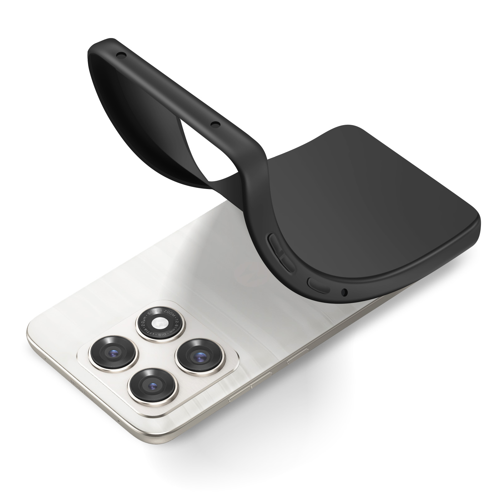 Ein schwarzes Handycover wird über ein weißes Smartphone mit drei Kameralinsen gelegt.