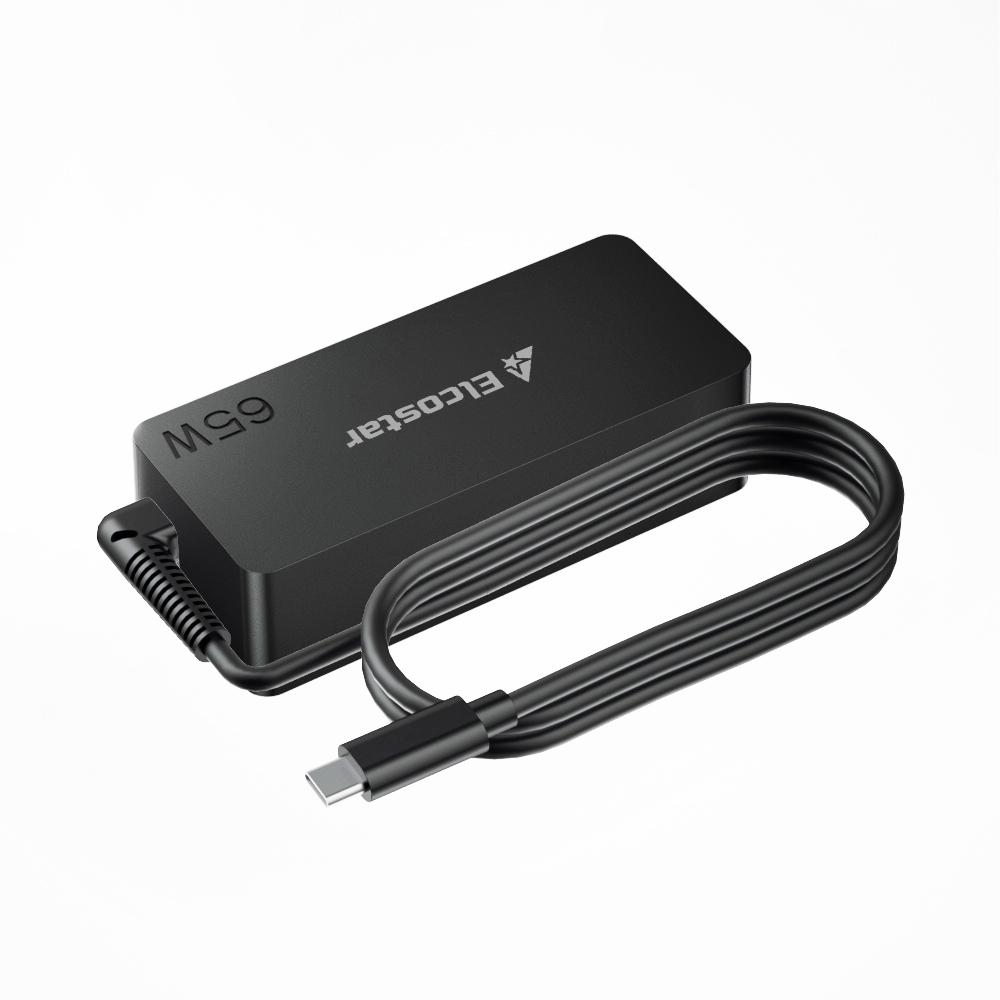 Zwarte 65W Elcostar stroomadapter met USB-C kabel.