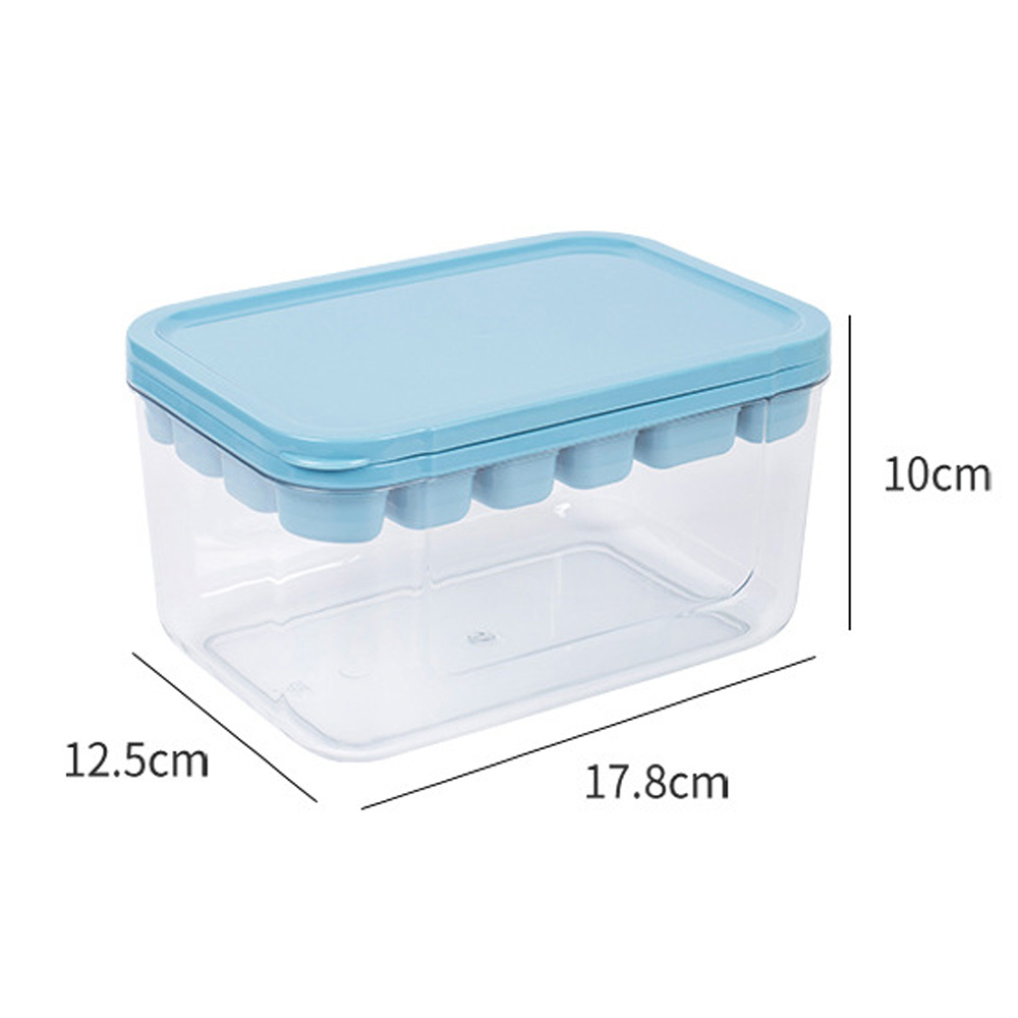 Ein transparenter Eiswürfelbehälter mit blauem Deckel und 16 Fächern.