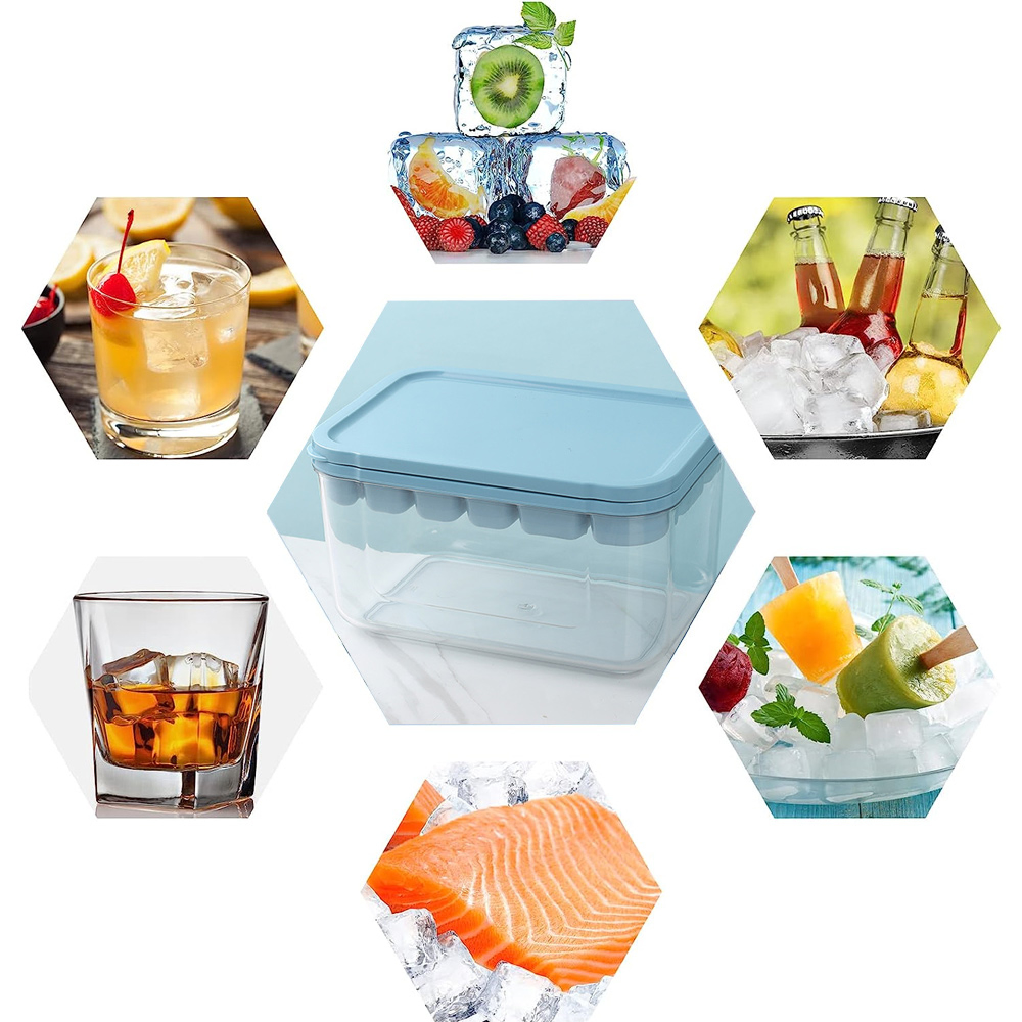 Ein Eiswürfelbehälter mit einem Deckel, daneben ein Glas Whiskey, ein Cocktail, Flaschen und Lachs.