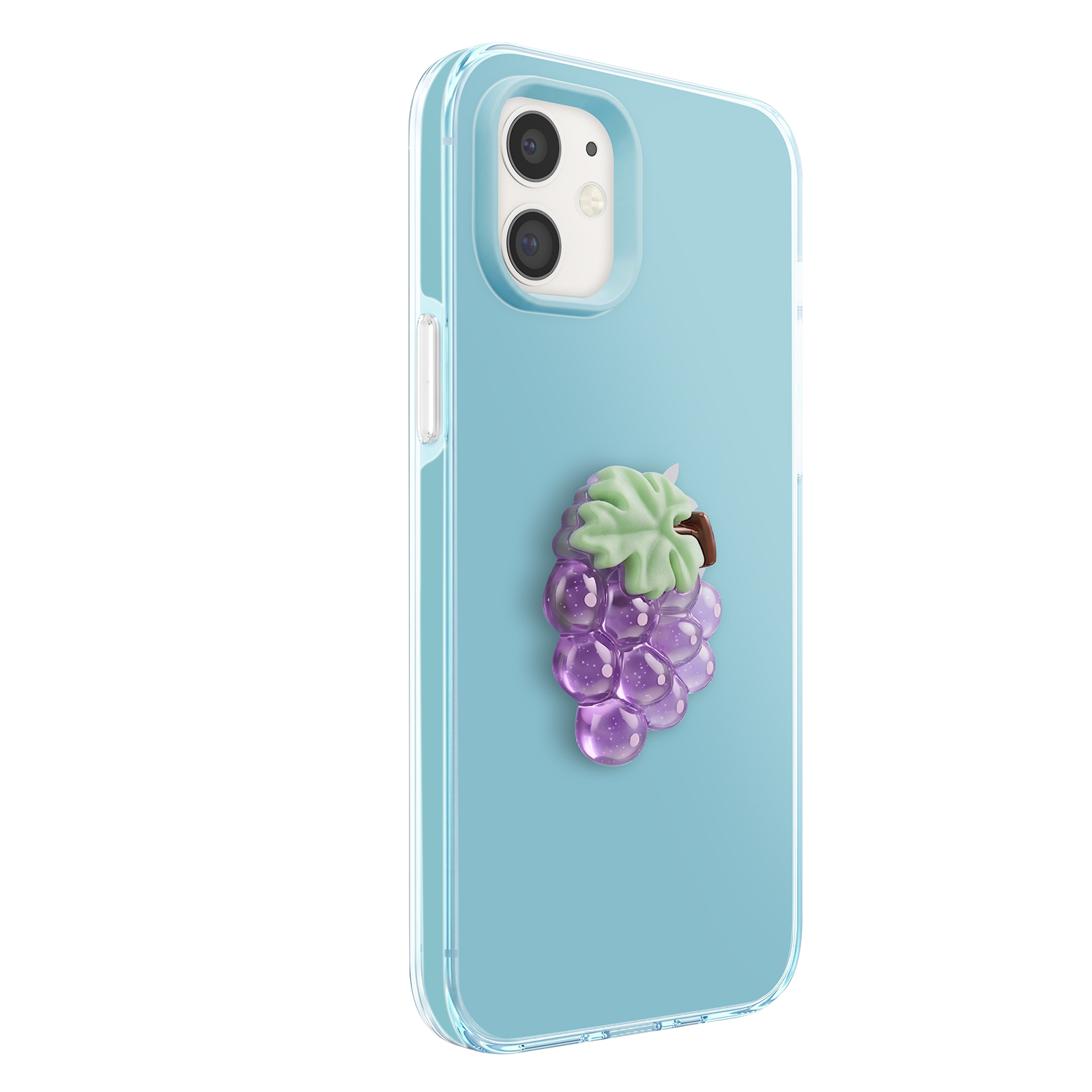 Ein hellblaues Handycover mit einer Trauben-Applikation aus lila Perlen und grünen Blättern.