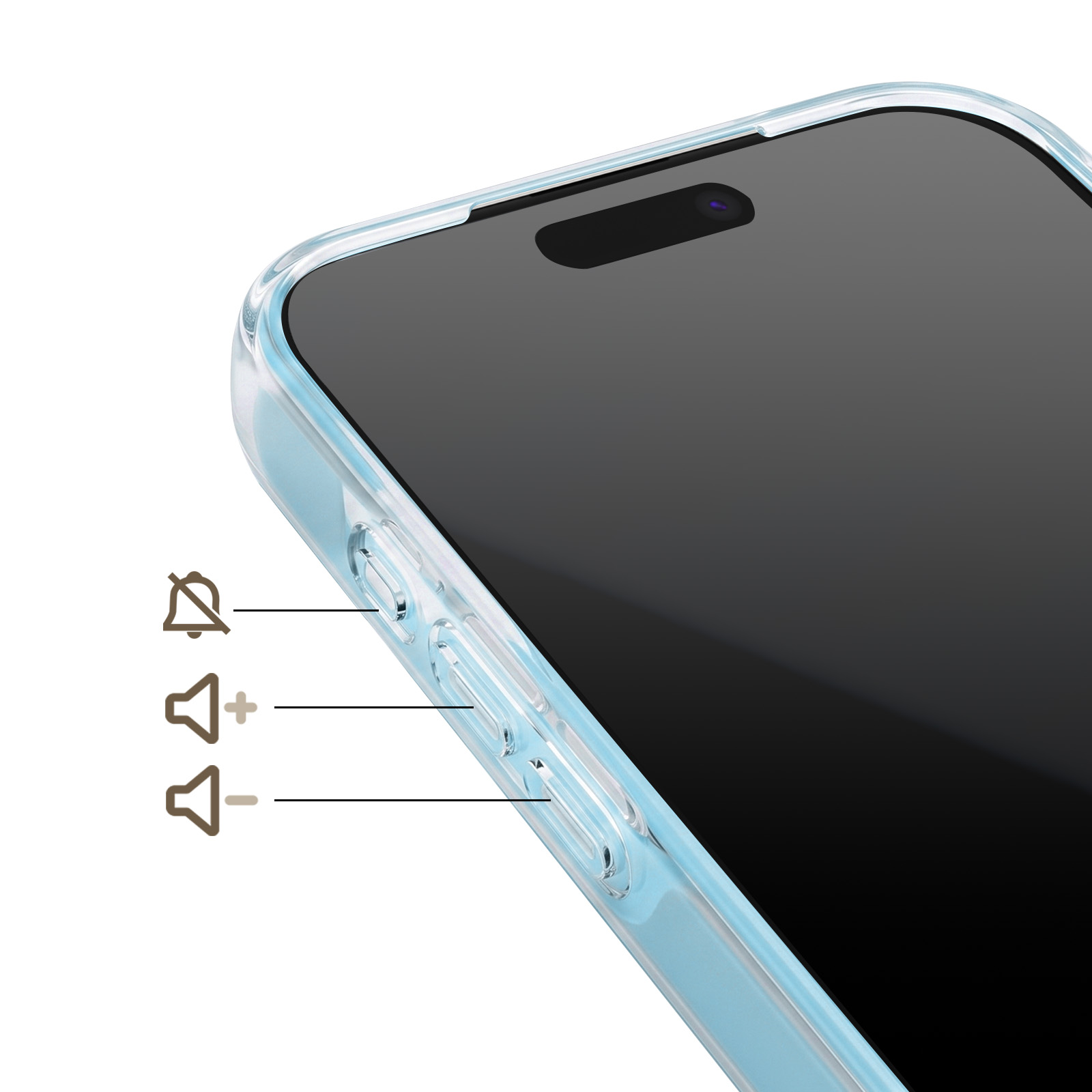 Ein blaues Handyhülle zeigt Lautstärketasten und ein Handy-Display.