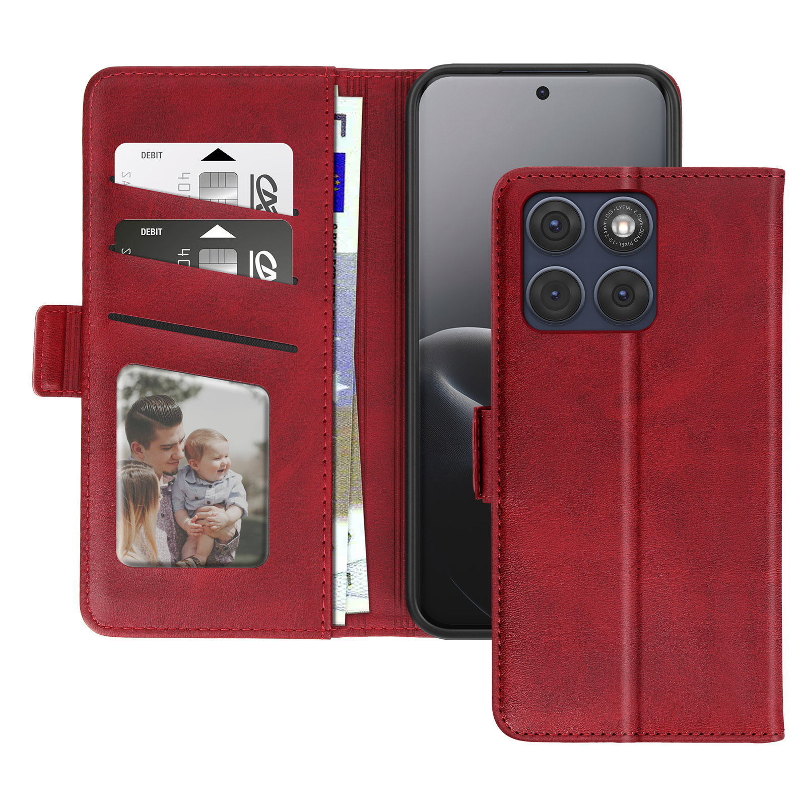 Rote Leder-Handyhülle mit Kartenfächern, Geldscheinfach, Foto und Handy.