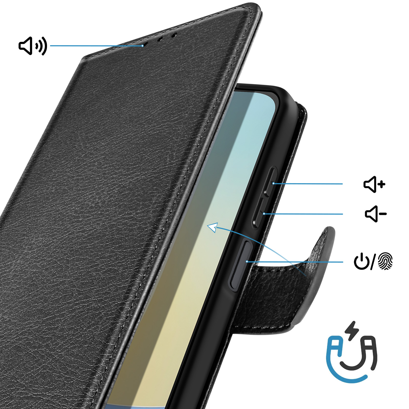 Schwarzes Handy-Flip-Case mit Lautstärken-, Ein-/Aus-Taste und Fingerabdruck-Symbolen.