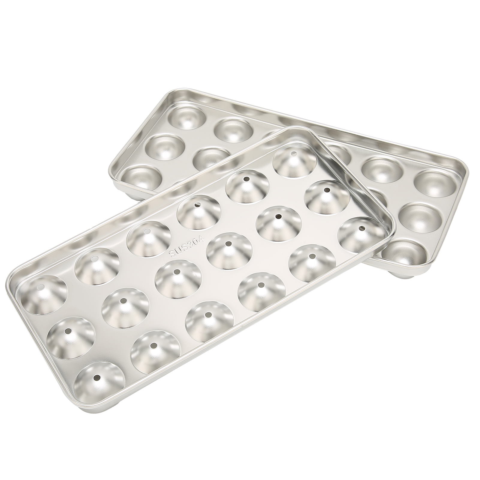 Zwei silberne Metallbackformen mit je 15 halbkugelförmigen Mulden, in Reihen angeordnet.