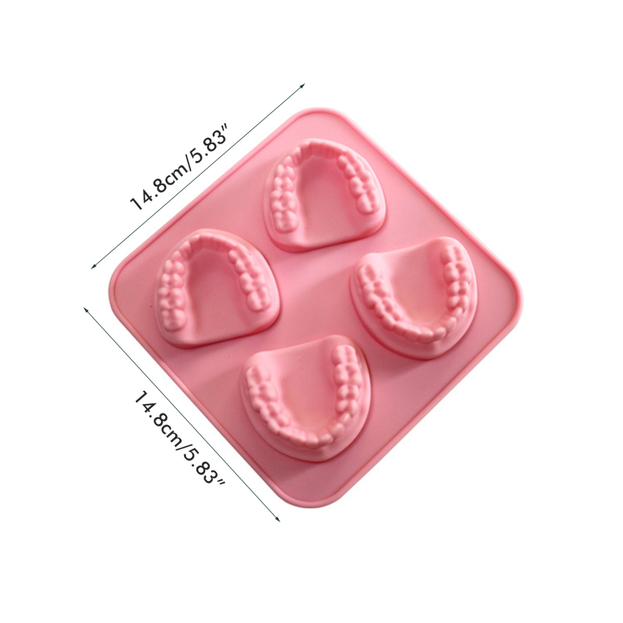 Ein rosa Kuchenform-Einsatz mit vier halbrunden Zahnformen.