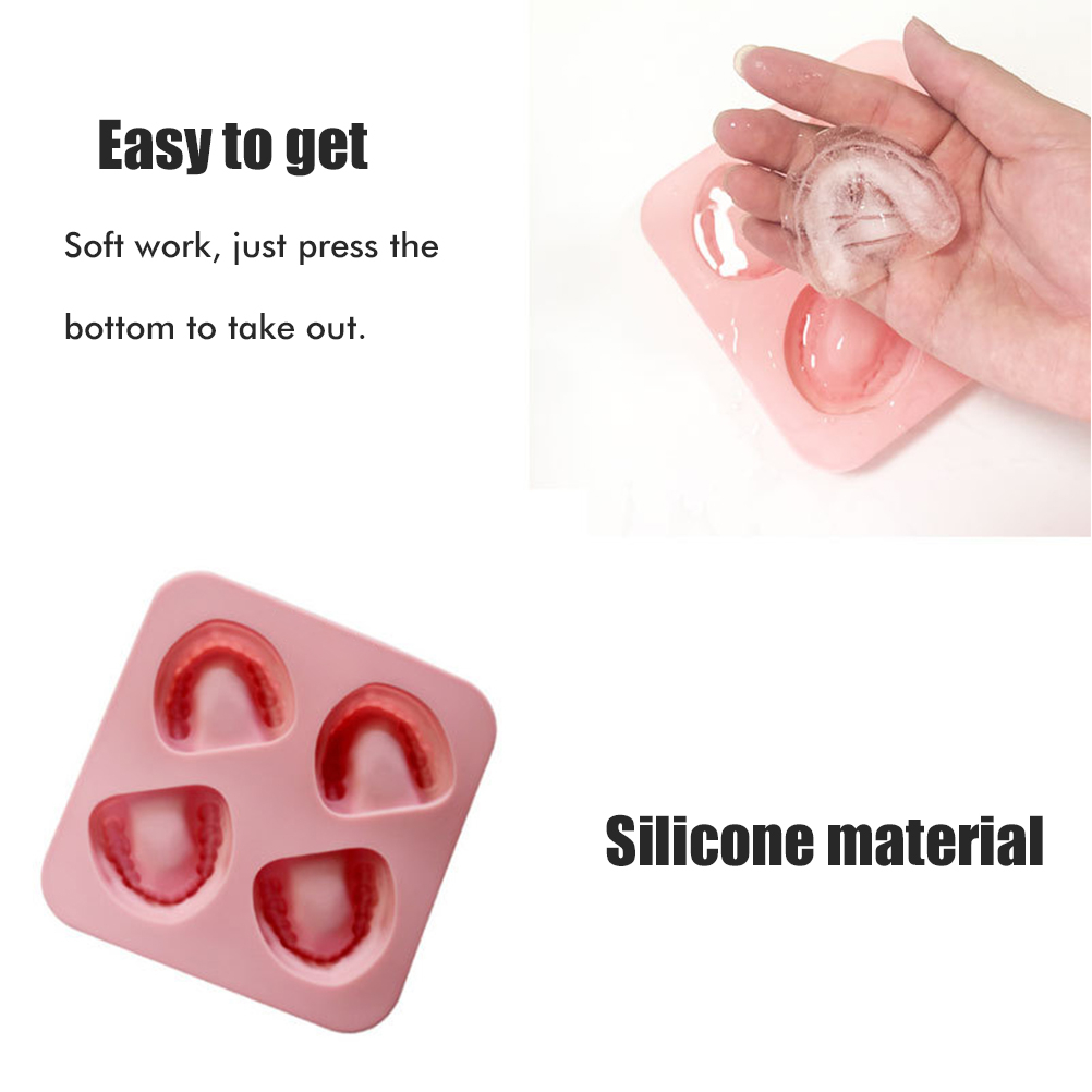 Eine Hand hält eine Eisform in Form von Zähnen aus einer rosa Silikonform.