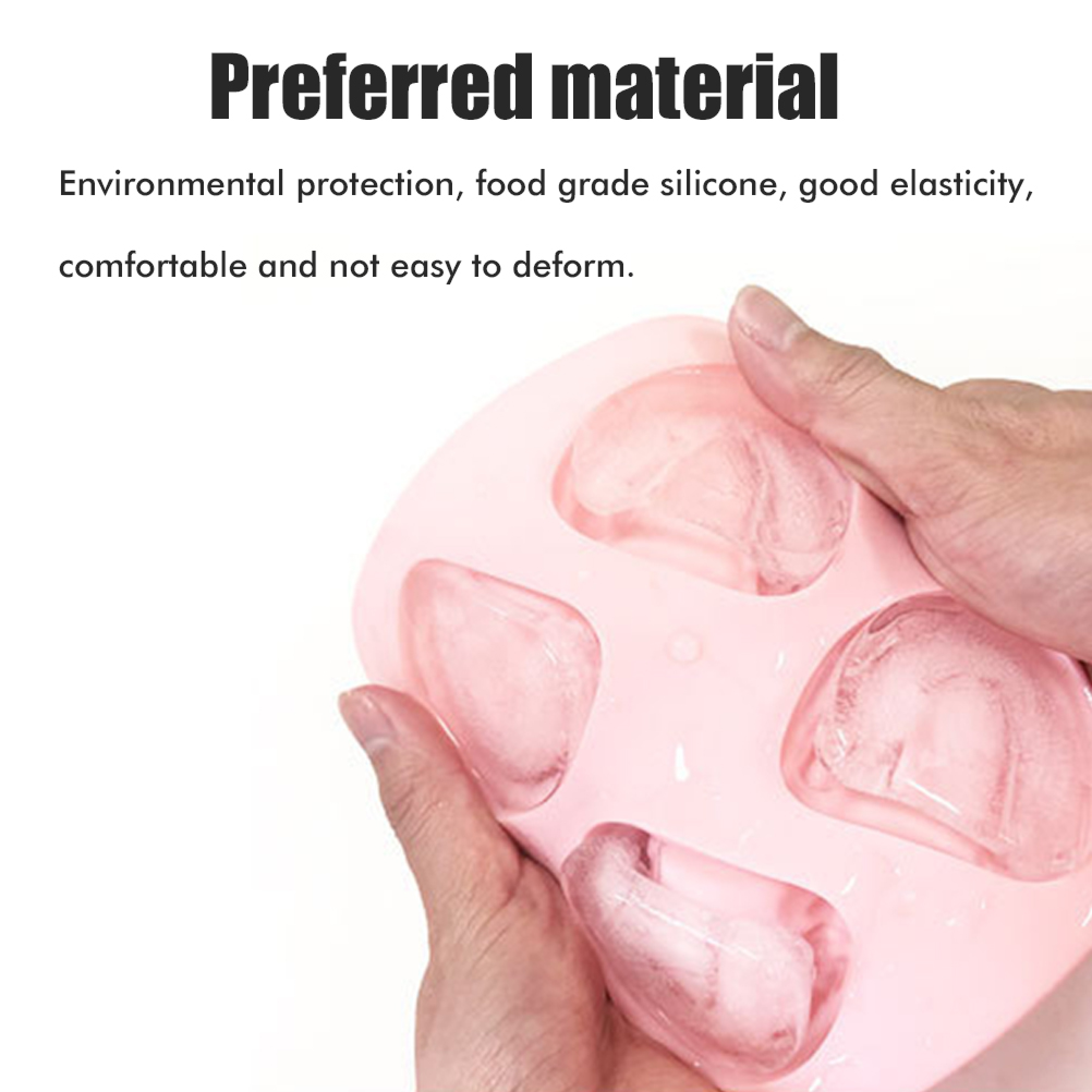 Eine Hand drückt auf eine rosa Eiswürfelform mit Eiswürfeln.