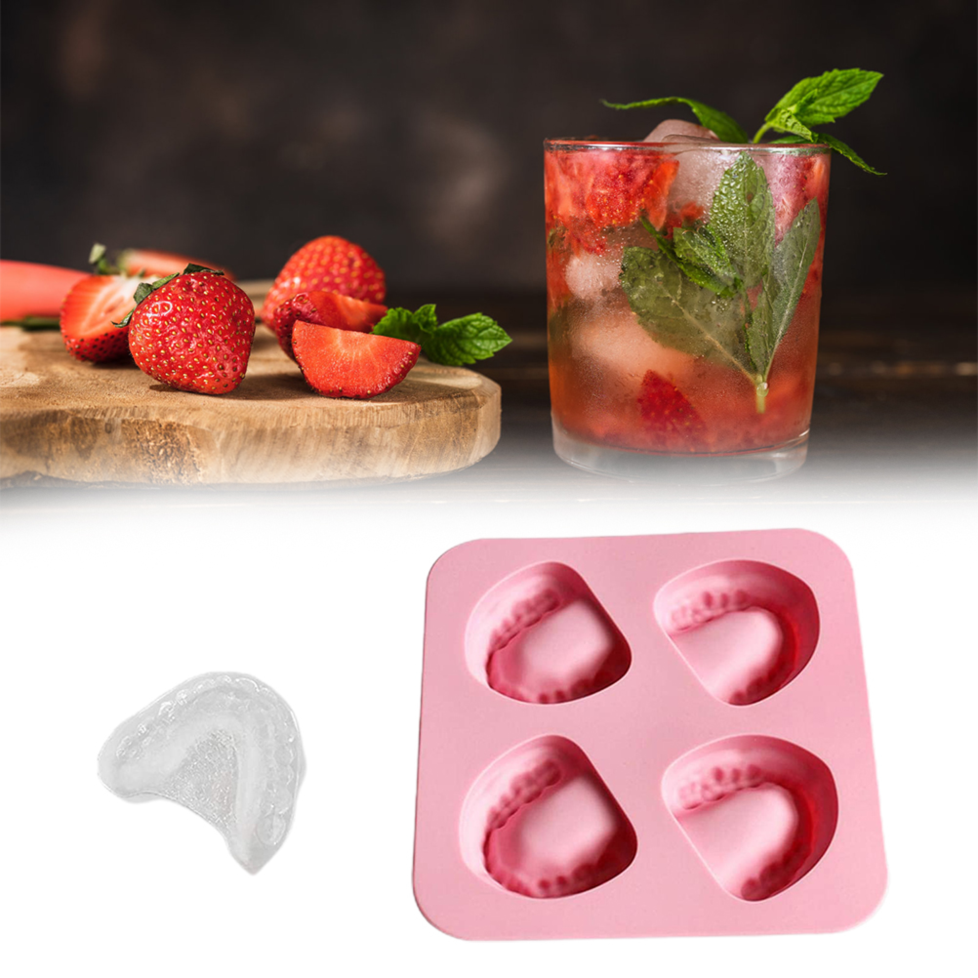 Erdbeeren, ein Getränk und eine rosa Zahn-Eisform auf weißem Hintergrund.
