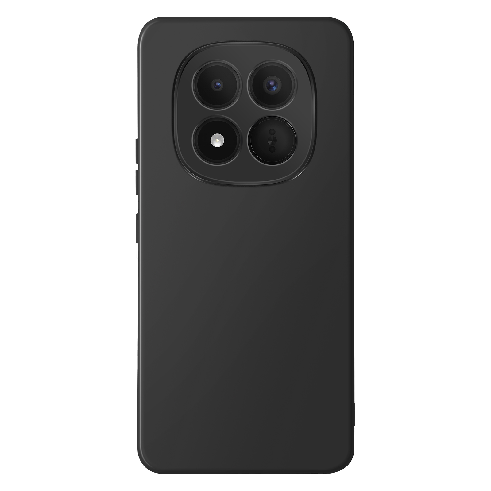 Ein schwarzes Smartphone mit vier Kameras auf der Rückseite. Blitz und drei Linsen.
