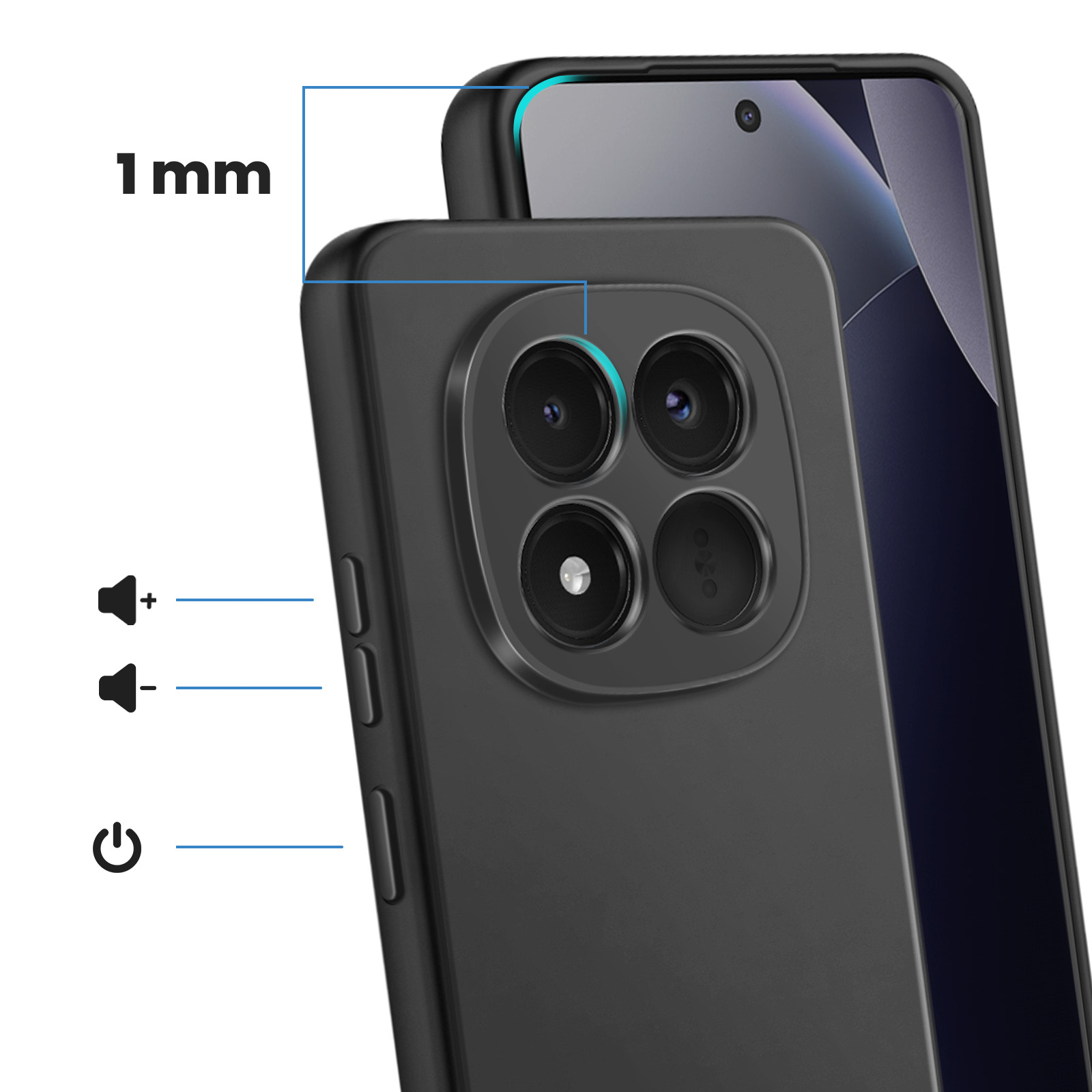 Schwarzes Smartphone mit 4 Kameras, 1mm Hülle und Lautstärke-/Ein-Tasten.