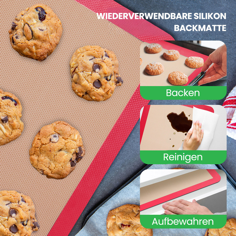 Silikon-Backmatte mit Keksen, Backen, Reinigen und Aufbewahren.