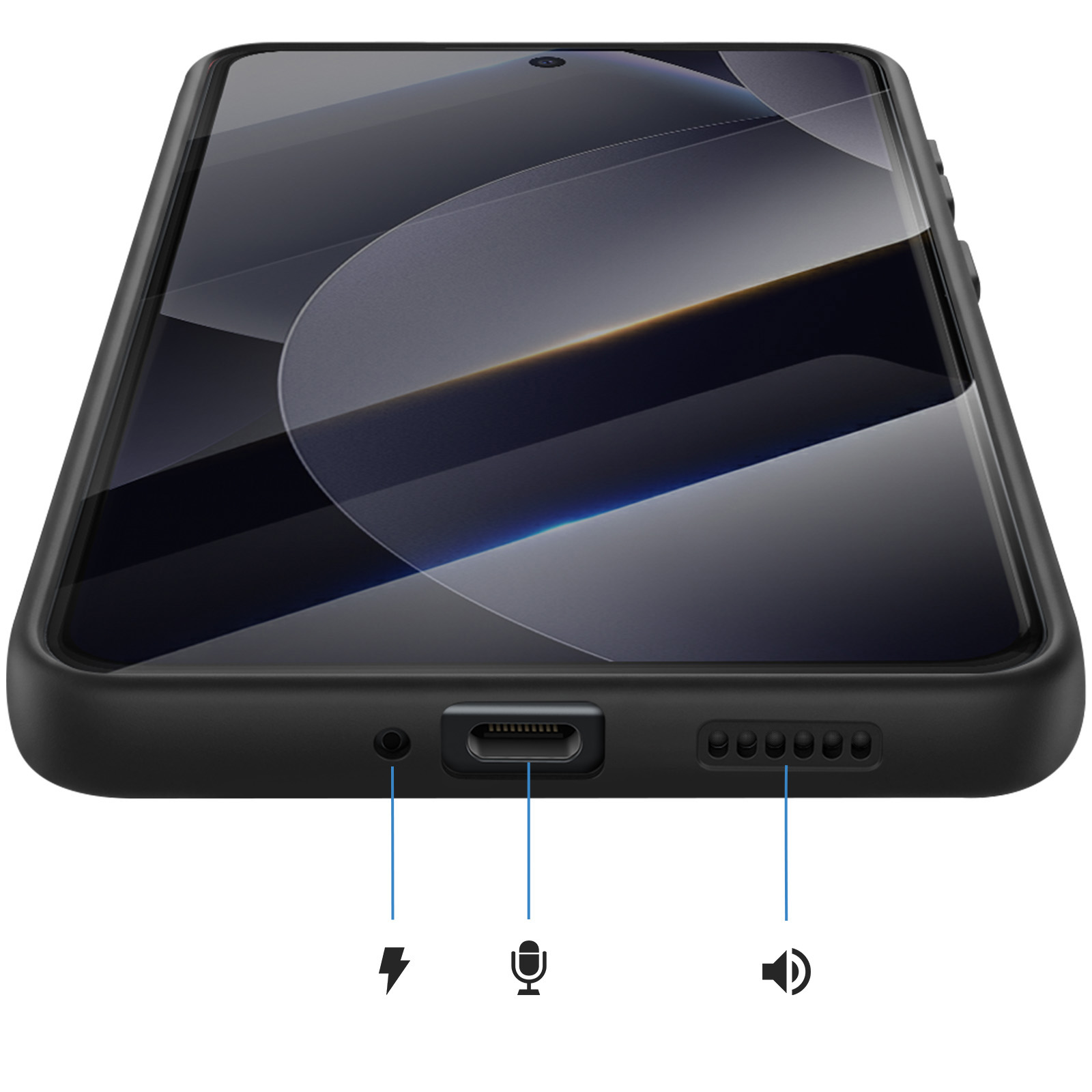 Schwarzes Smartphone mit Ladeanschluss, Mikrofon und Lautsprecheröffnungen.