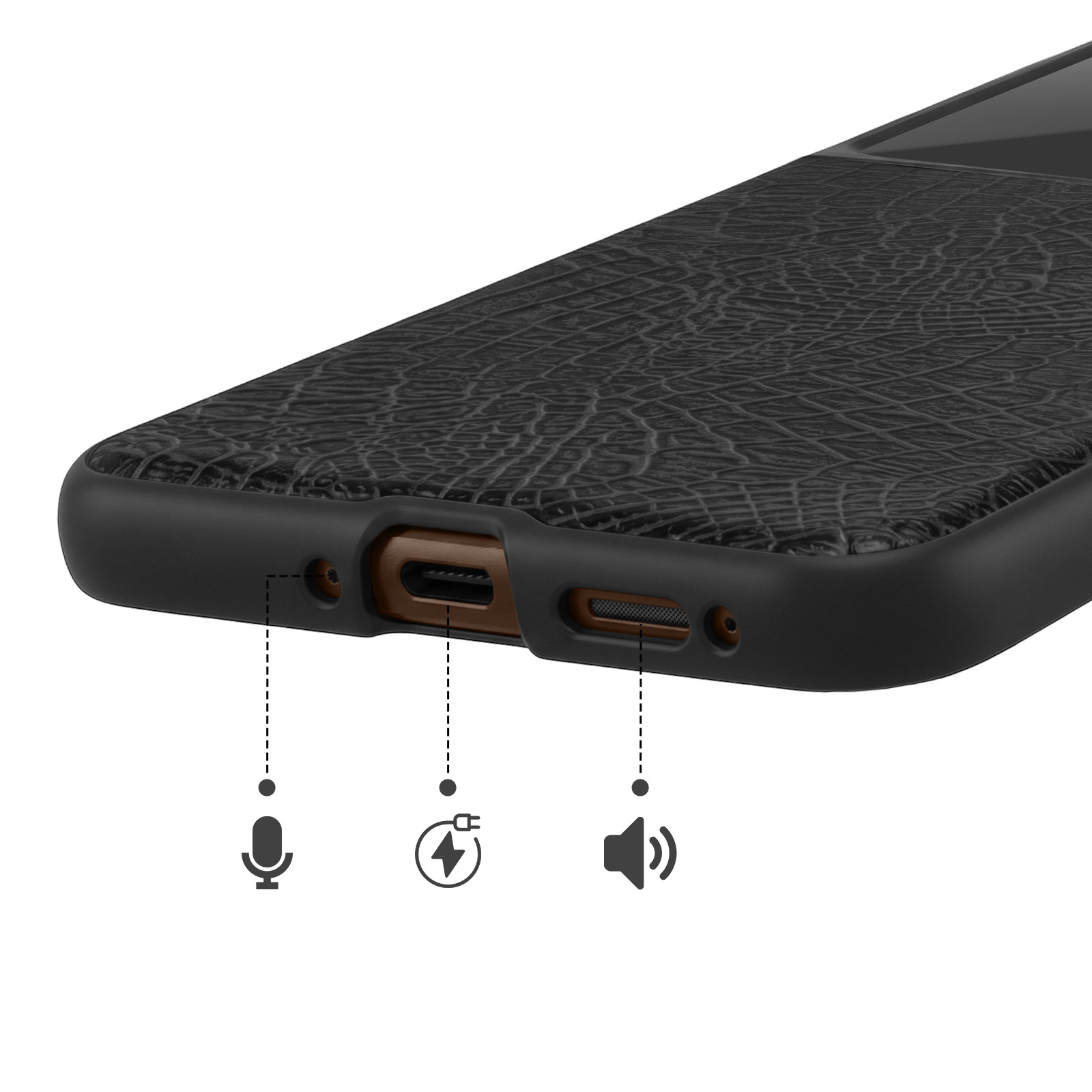 Schwarzes Handyhülle mit Textur, USB-C-Anschluss, Mikrofon- und Lautsprechersymbolen.