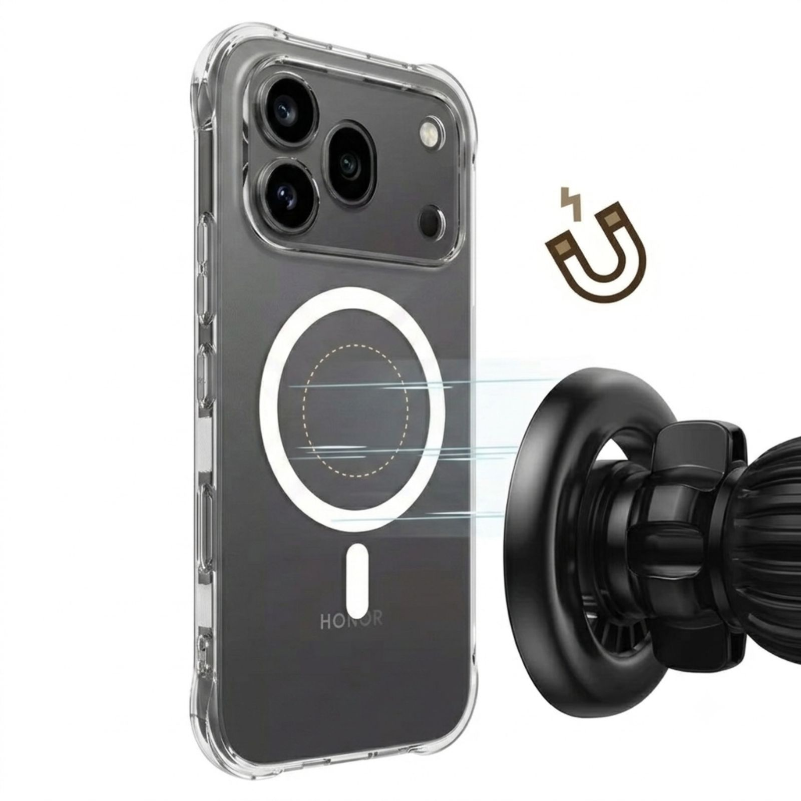 Funda transparente para teléfono con anillo magnético y soporte magnético negro.