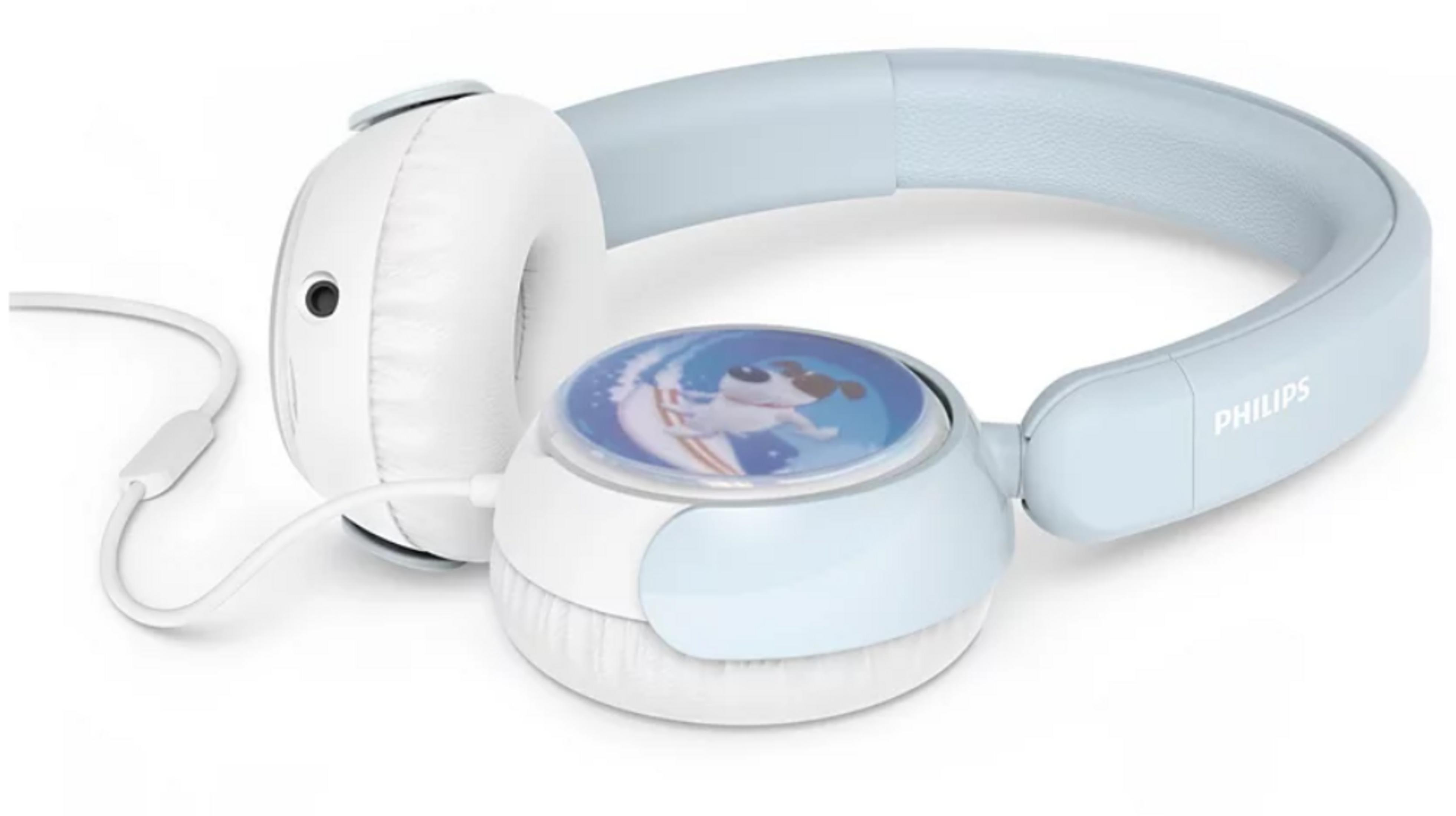 Auriculares Philips azul claro con cable blanco y gráfico de perro surfista.