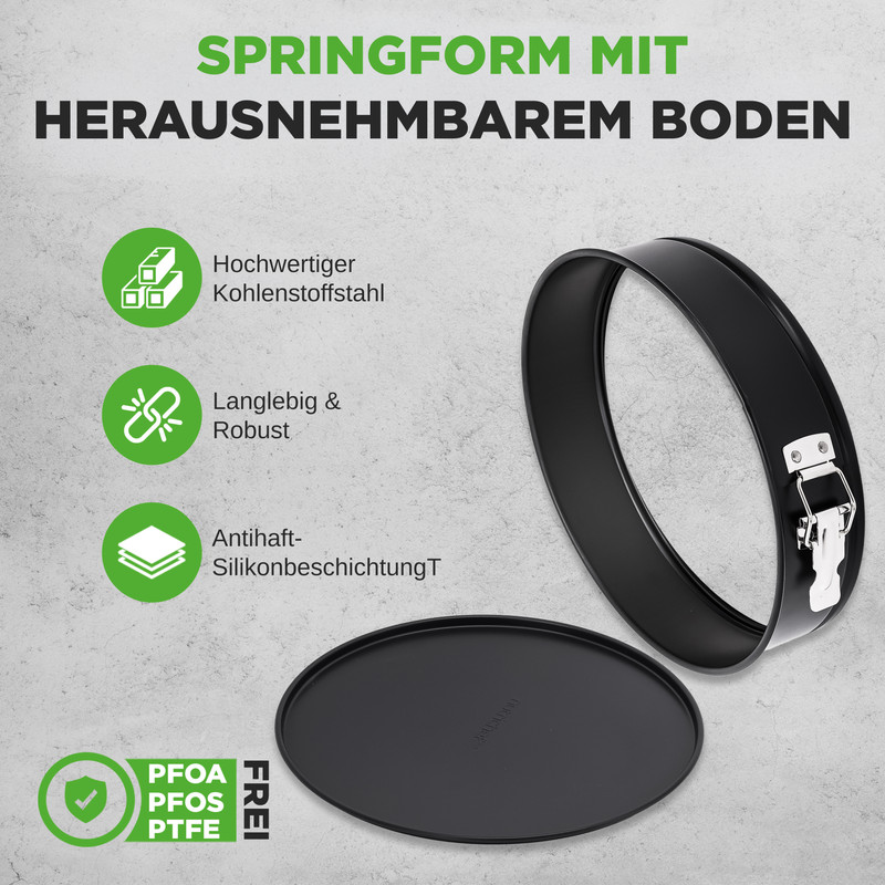 Eine schwarze runde Kuchenform mit abnehmbarem Boden und Beschriftungen.