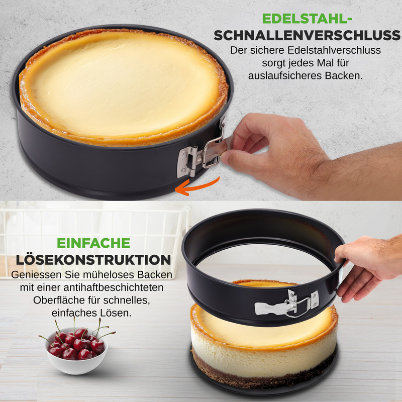 Kuchenform mit Edelstahlschnallenverschluss und abnehmbarem Rand.