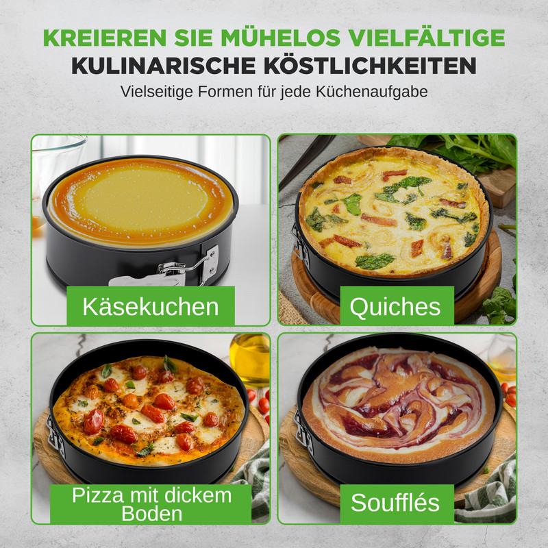 Vier Backformen: Käsekuchen, Quiche, Pizza und Soufflé.