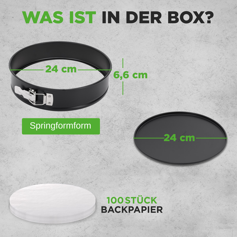 Springform (24cm, 6,6cm hoch), Boden (24cm) und 100 Blatt Backpapier.