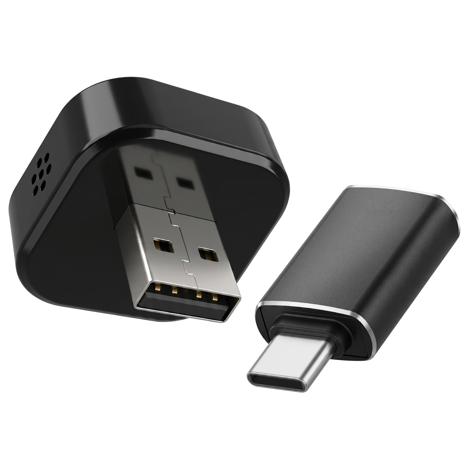 Schwarzer USB-A-Adapter und USB-C-Adapter auf weißem Hintergrund.