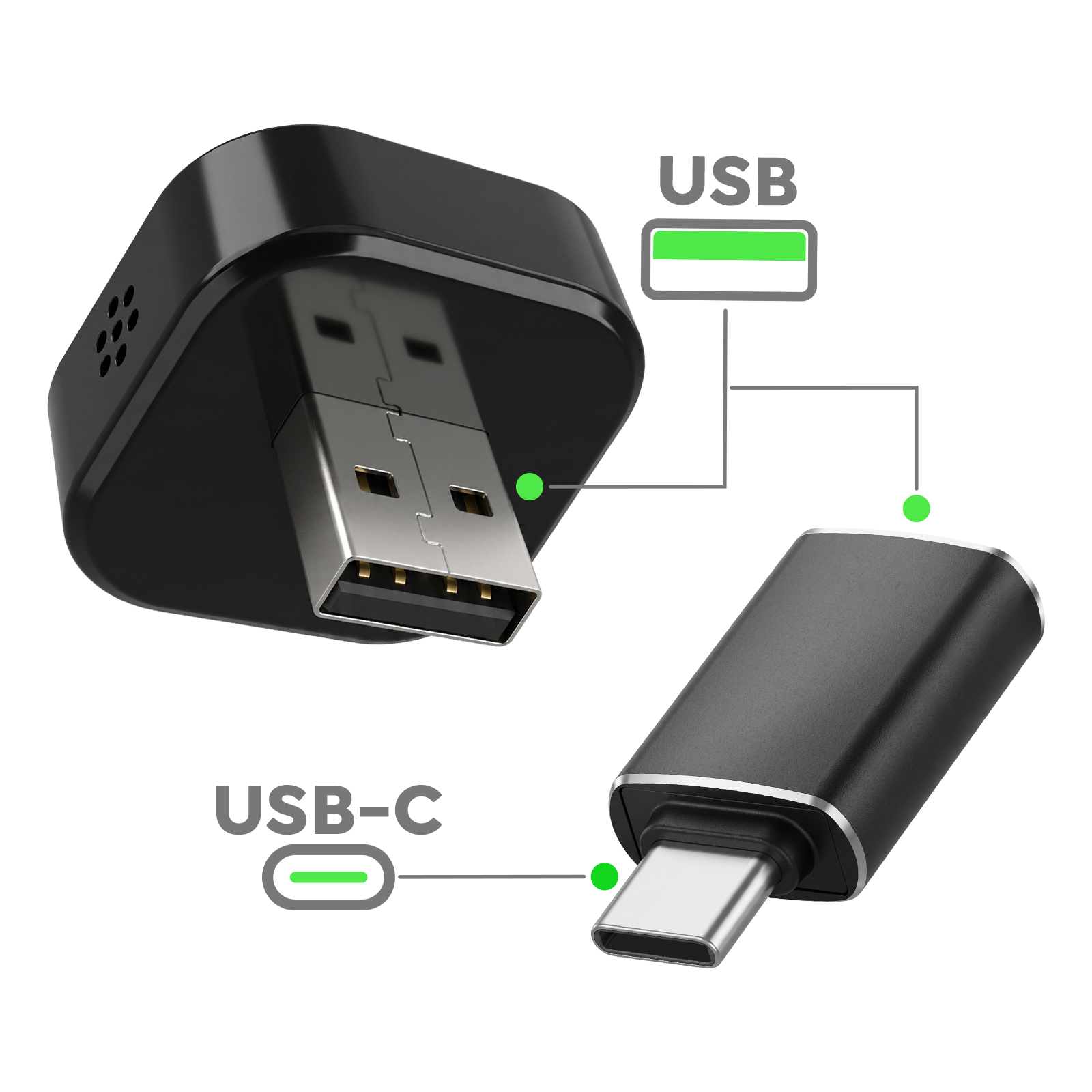 Ein schwarzer USB-A-Adapter und ein USB-C-Adapter mit Ladeanzeigen.