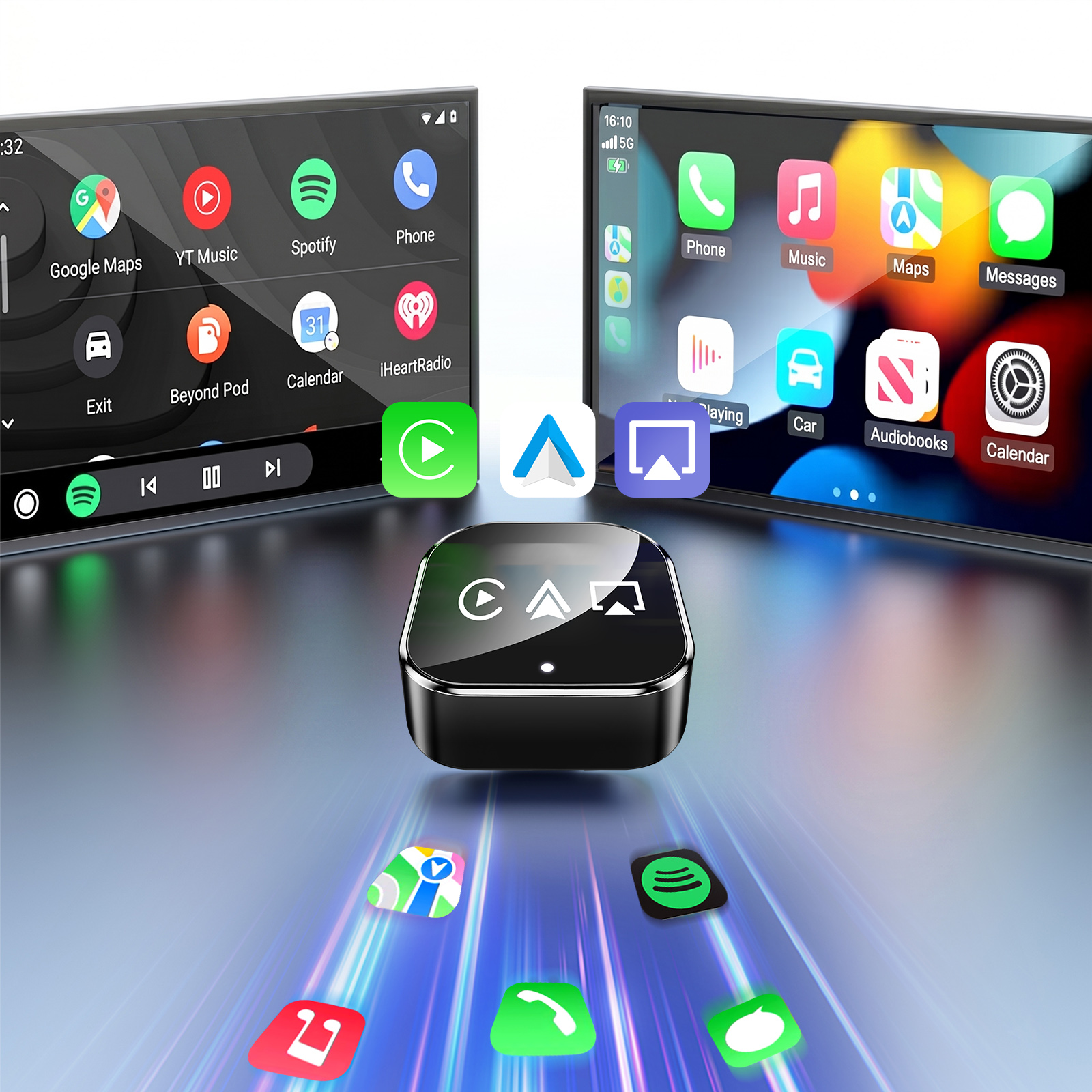 Ein schwarzes Gerät mit App-Symbolen auf zwei Bildschirmen und einem Hintergrund mit Lichteffekten.