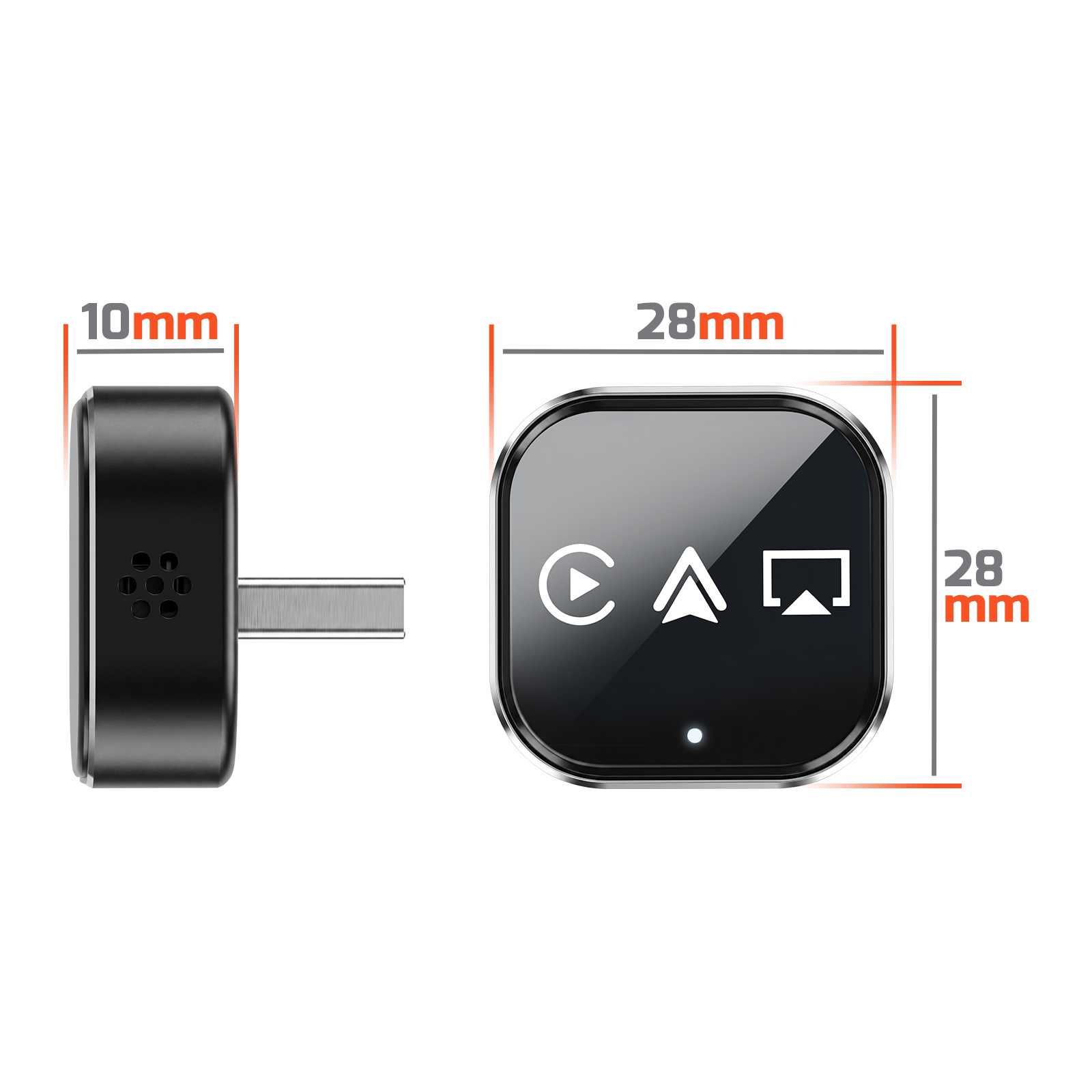 Schwarzer Dongle mit USB-C-Anschluss und drei Symbolen auf dem Display.