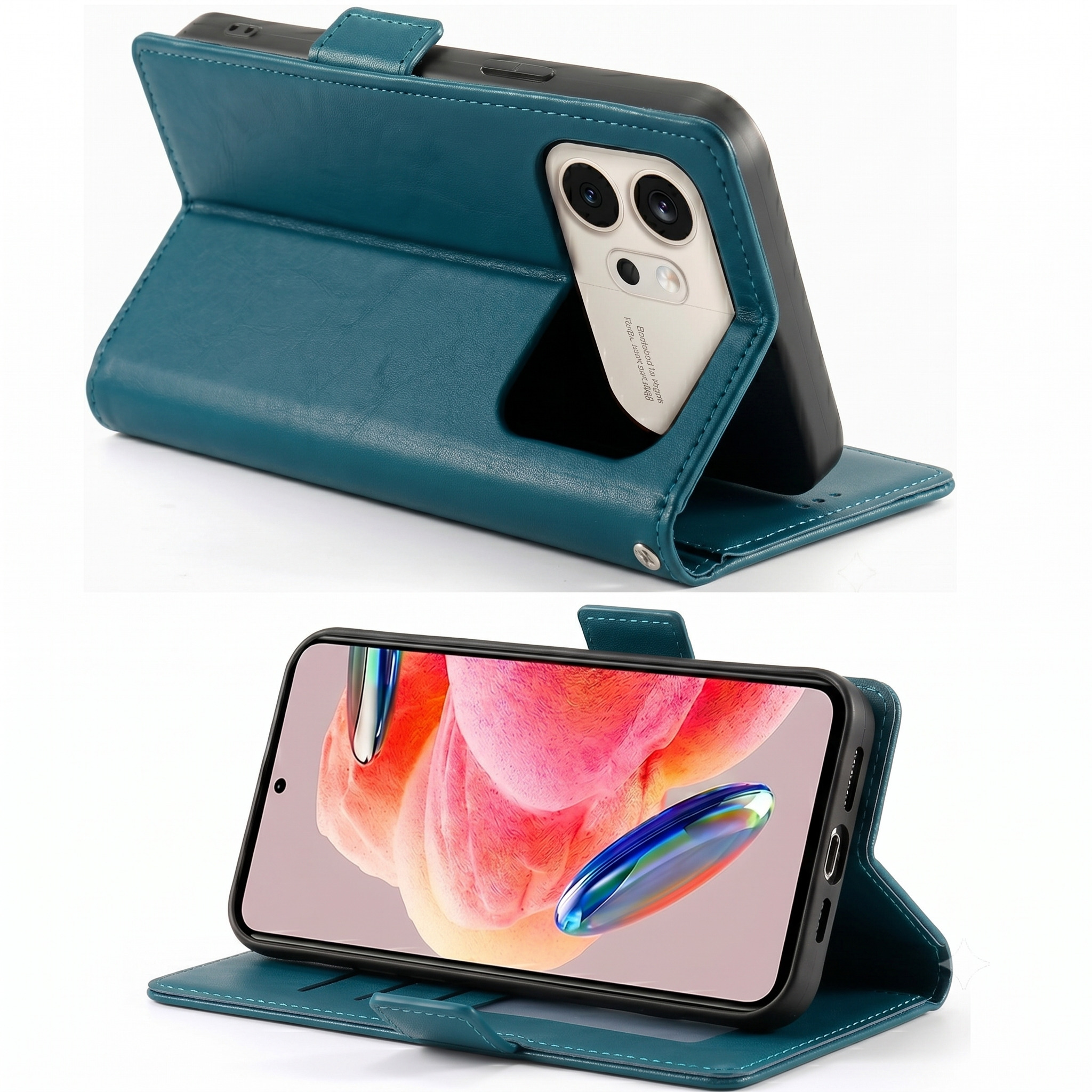 Ein tealfarbenes Leder-Flip-Case für ein Smartphone, offen, zeigt die Kamera und den Bildschirm.