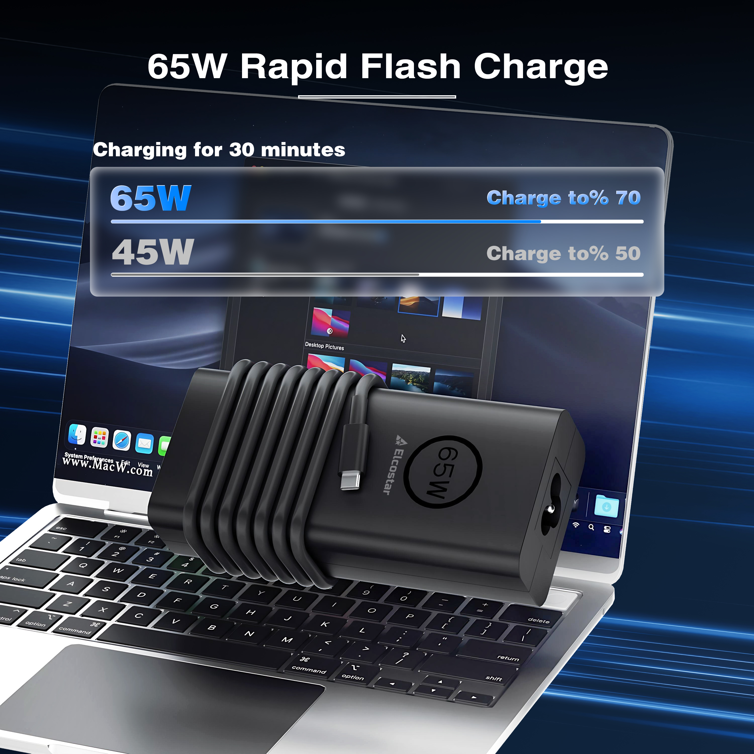 Een zwarte 65W oplader op een laptop. Laadindicator toont 65W/70% en 45W/50%.