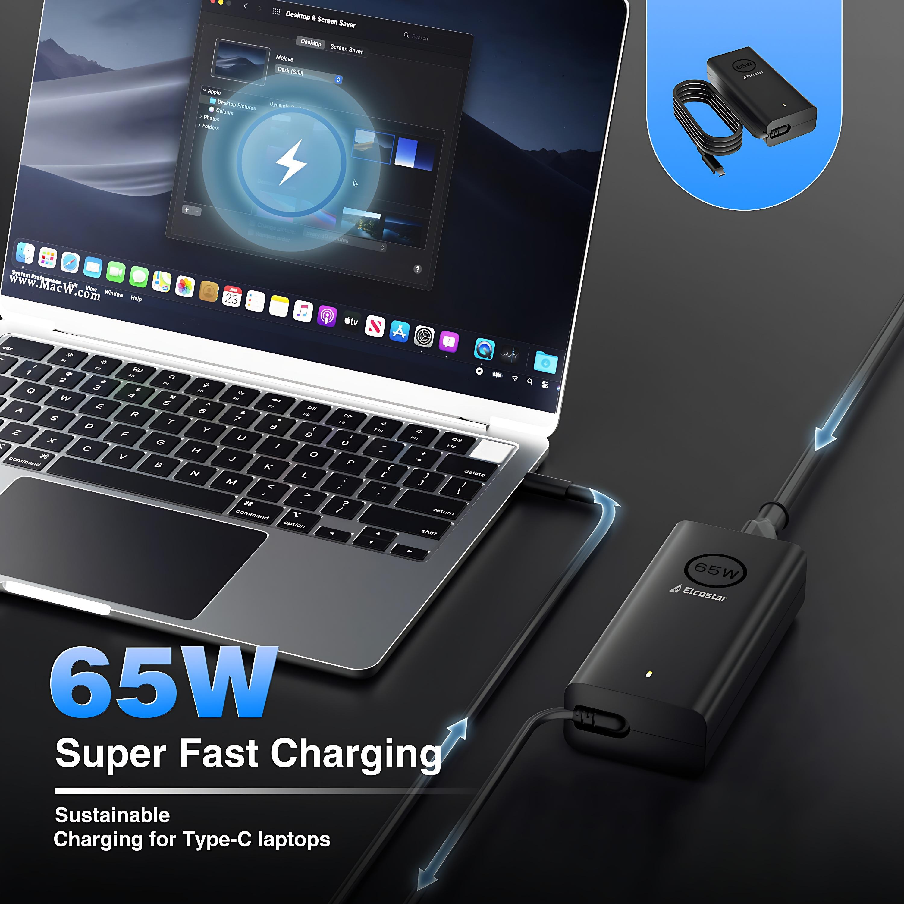 Een laptop wordt opgeladen met een 65W Elcostar oplader.