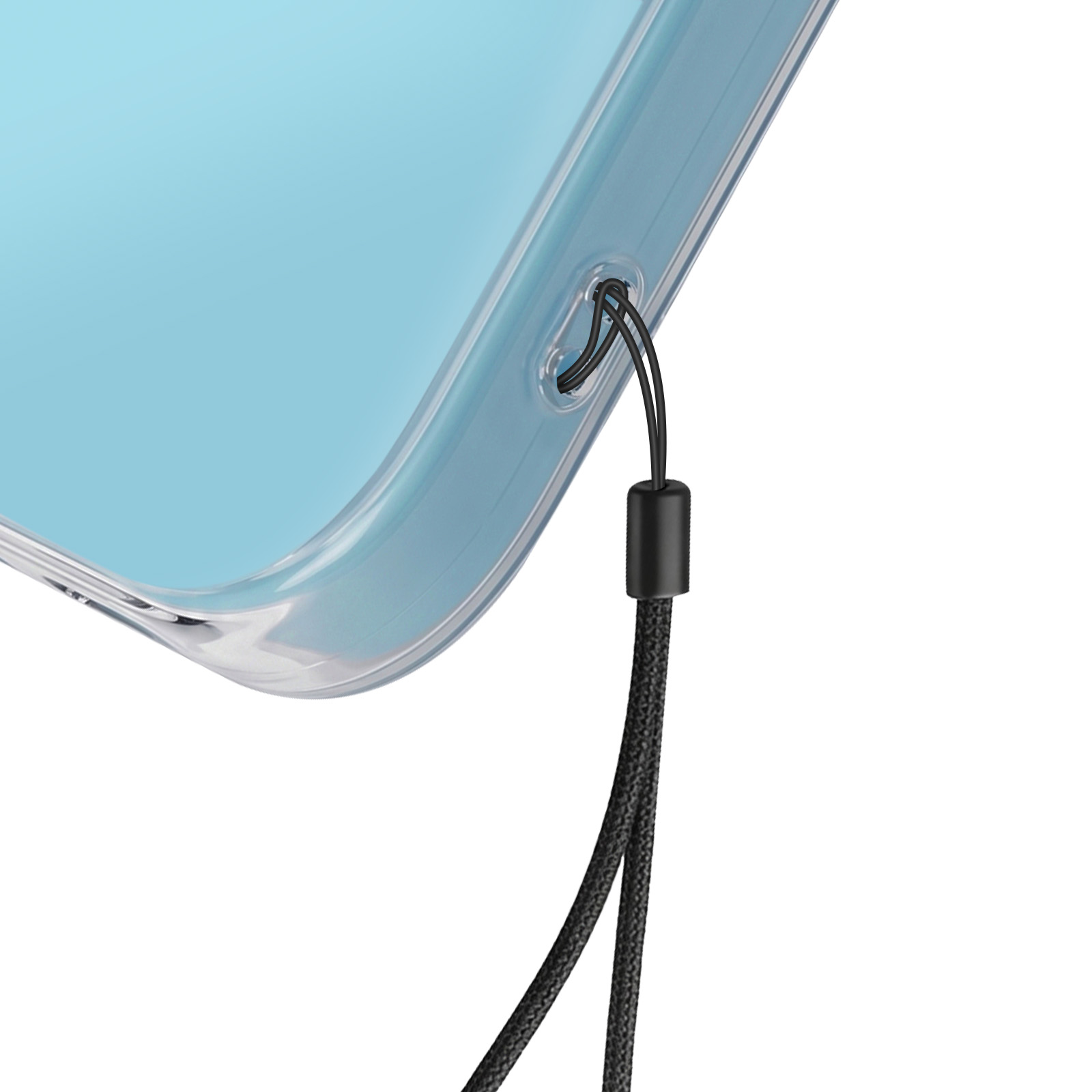 Transparente Handyhülle mit schwarzer Lanyard-Schlaufe und Perle.