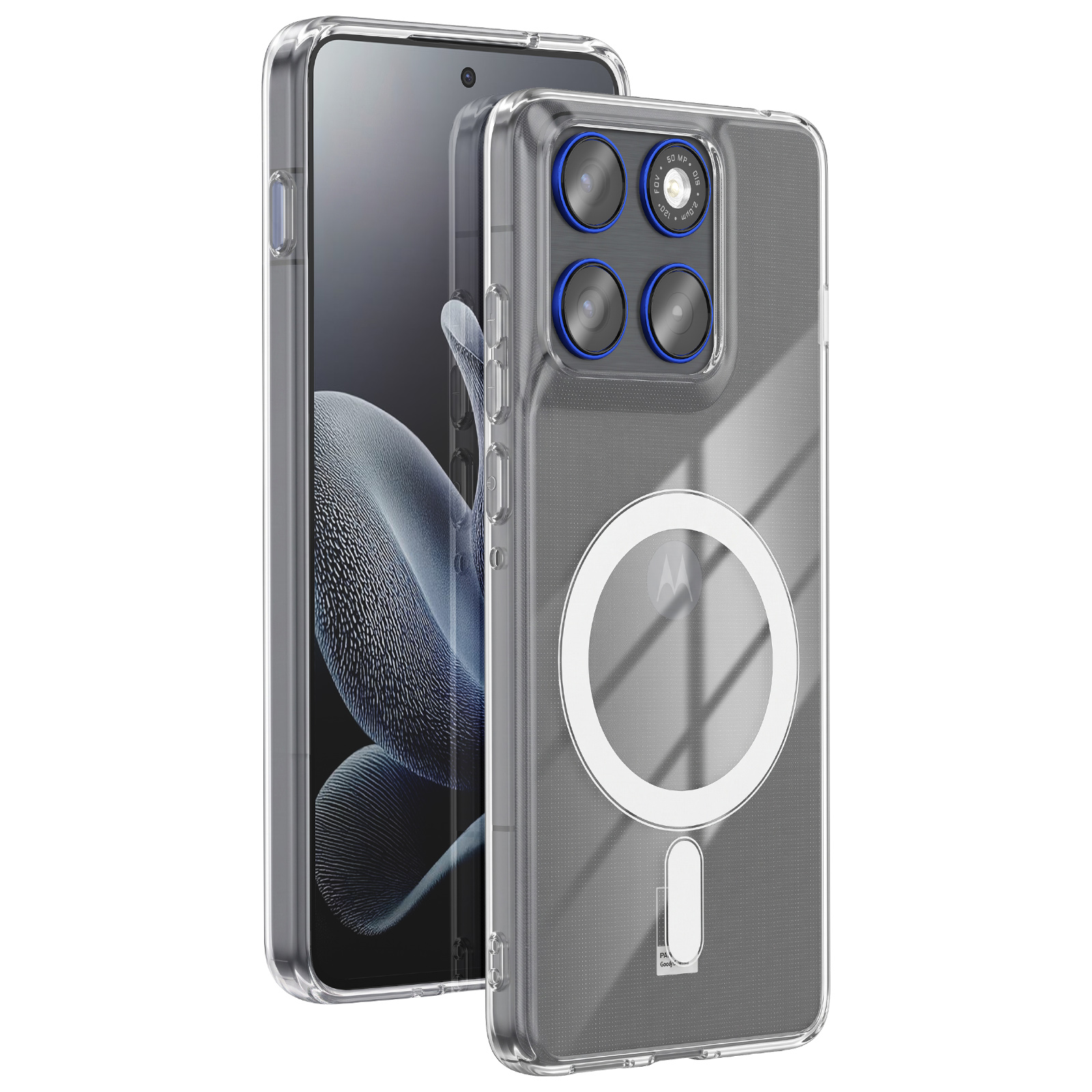 Ein transparenter Handyhülle mit einem Motorola-Logo und vier Kameras auf der Rückseite.