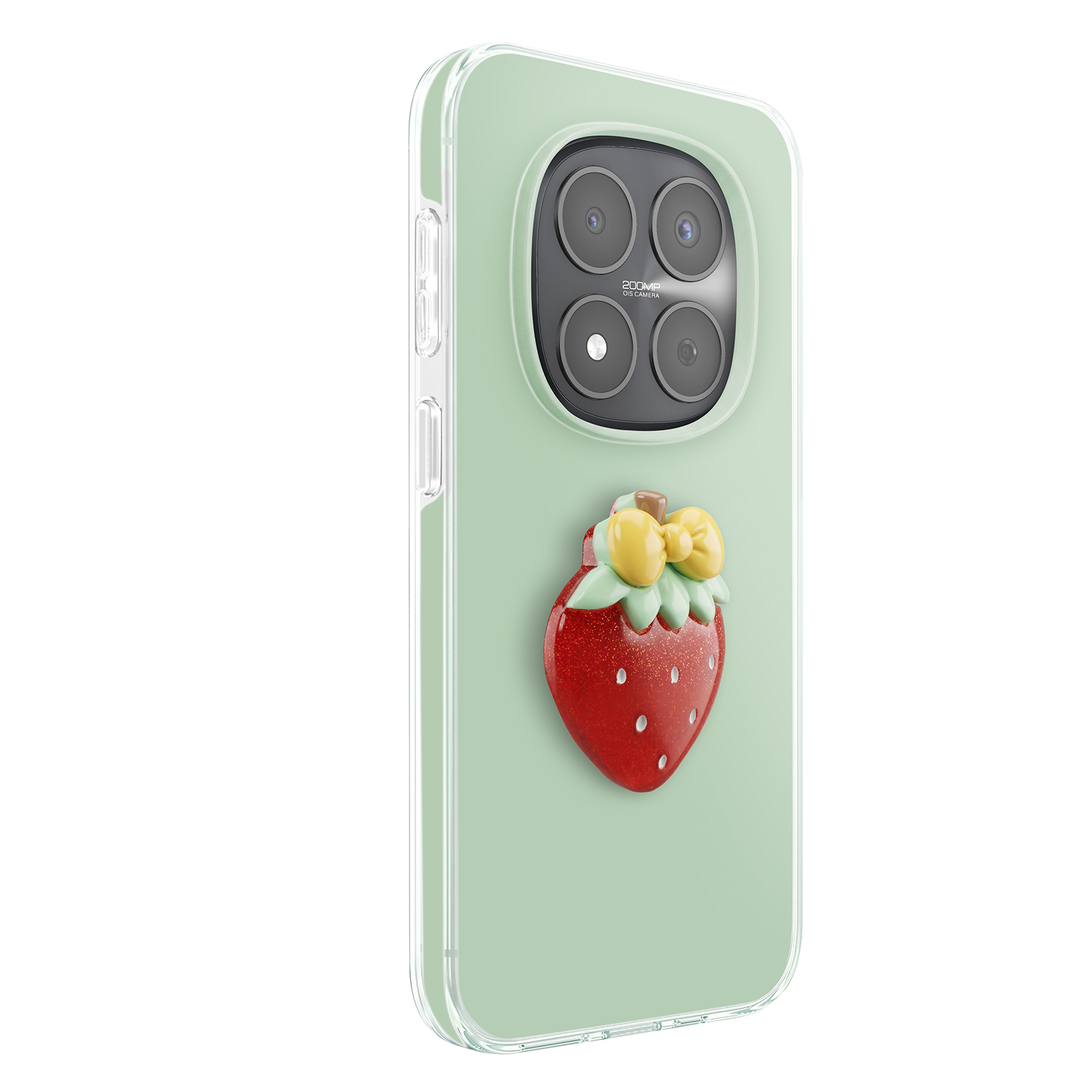 Ein hellgrünes Handyhülle mit einer 3D-Erdbeer-Applikation und einer Kamera-Einheit.