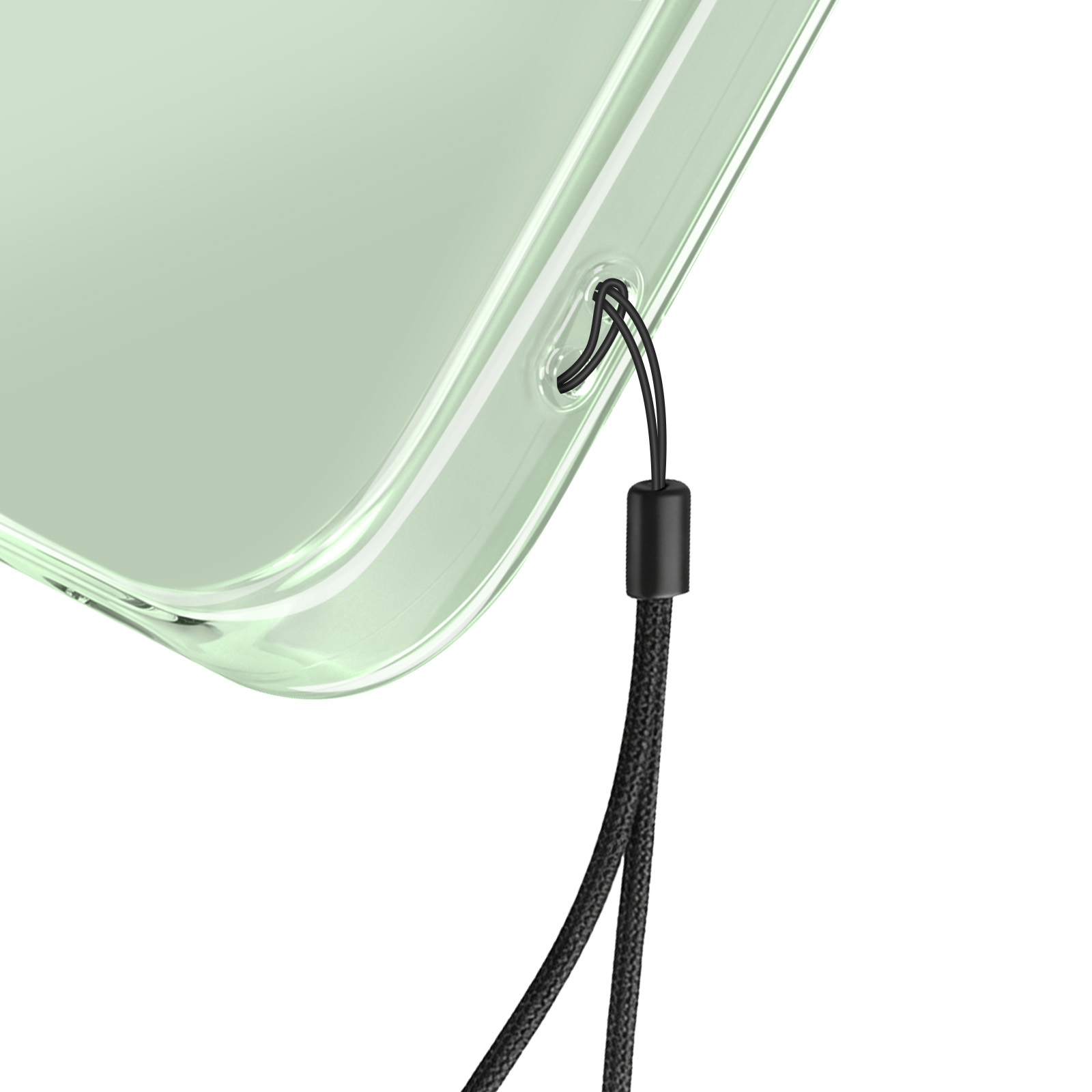 Eine grüne Handyhülle mit schwarzer Lanyard-Schlaufe.