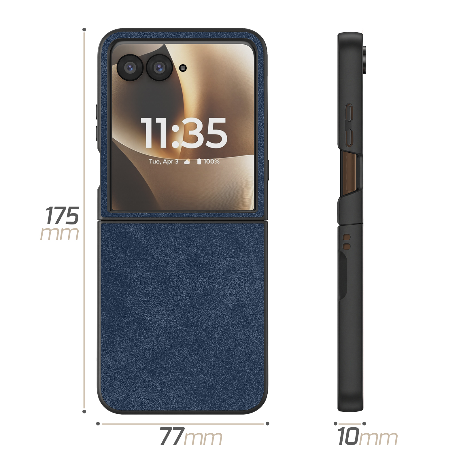 Blaues Klapphandy mit offenem Bildschirm, Maße 175x77x10mm.