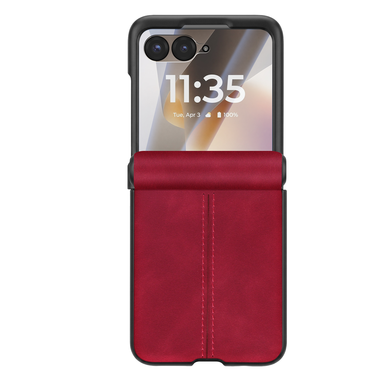 Un teléfono plegable rojo abierto con marco negro y cámaras.