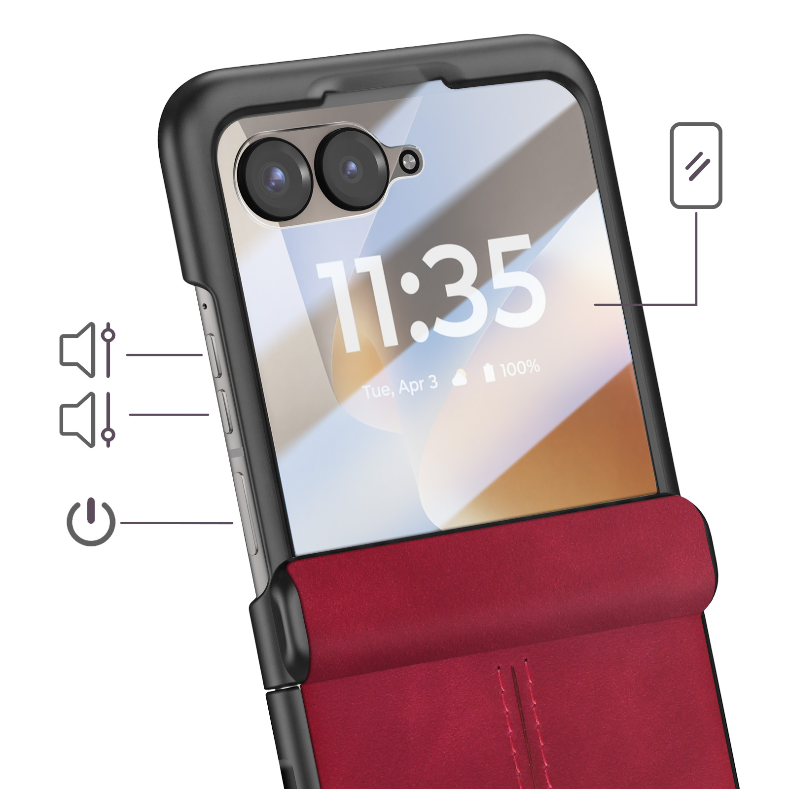 Funda roja para teléfono con cámaras duales, botones de volumen, encendido, pantalla muestra 11:35.