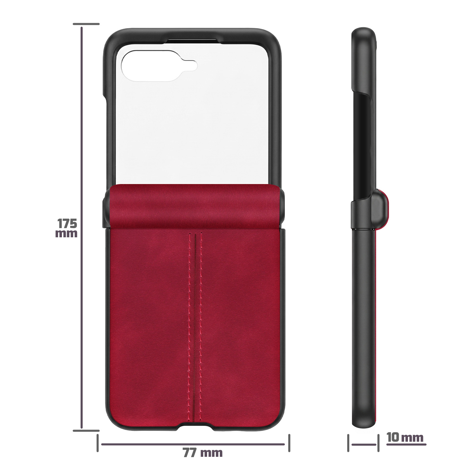 Funda de teléfono roja con dimensiones de 175x77x10 mm.