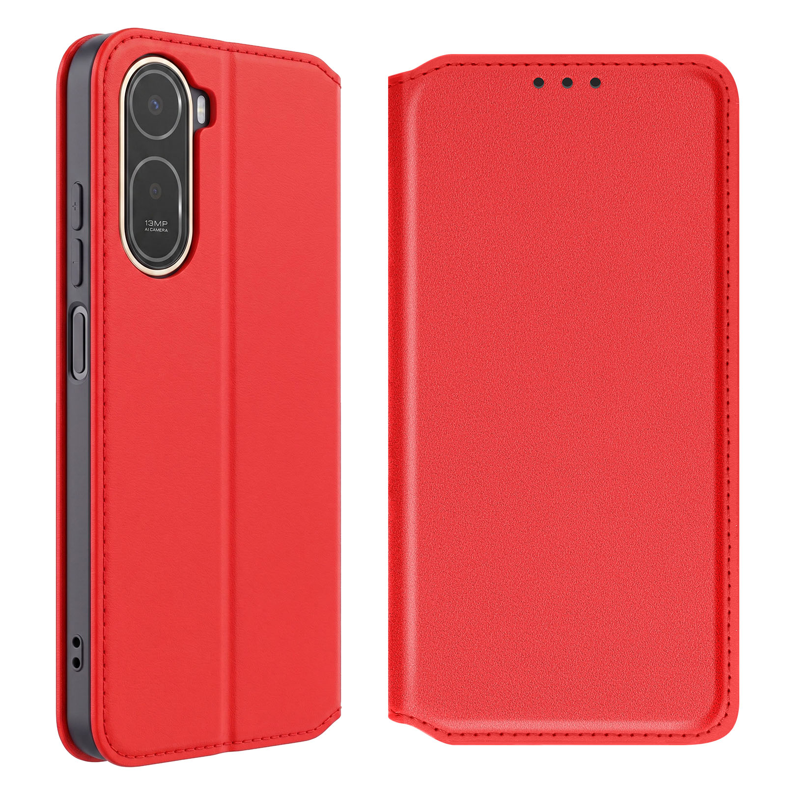 Funda de teléfono roja con recorte de cámara y cierre magnético.
