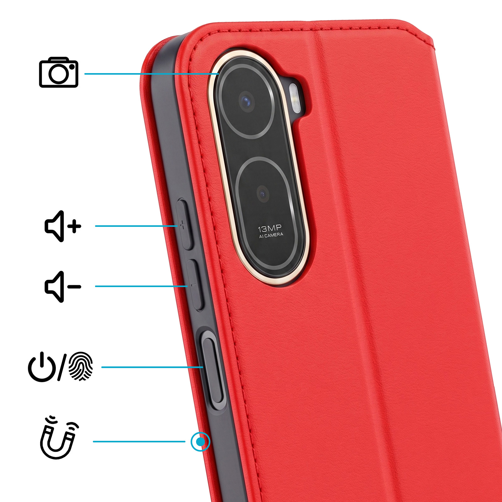 Funda roja para teléfono mostrando cámara, botones de volumen, encendido/huella y cierre magnético.