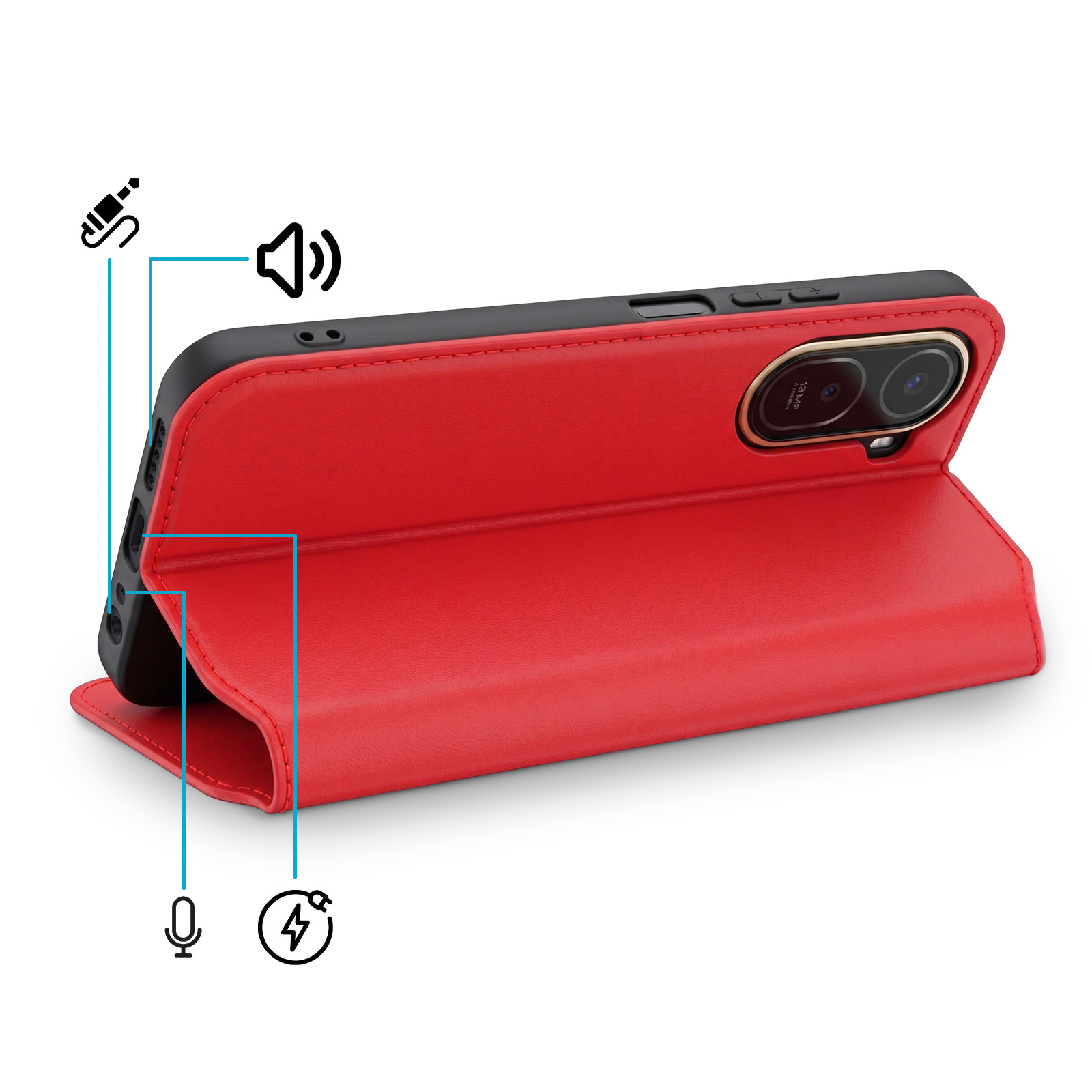 Funda roja para teléfono con recorte de cámara, botones de volumen e iconos de micrófono, carga y audio.