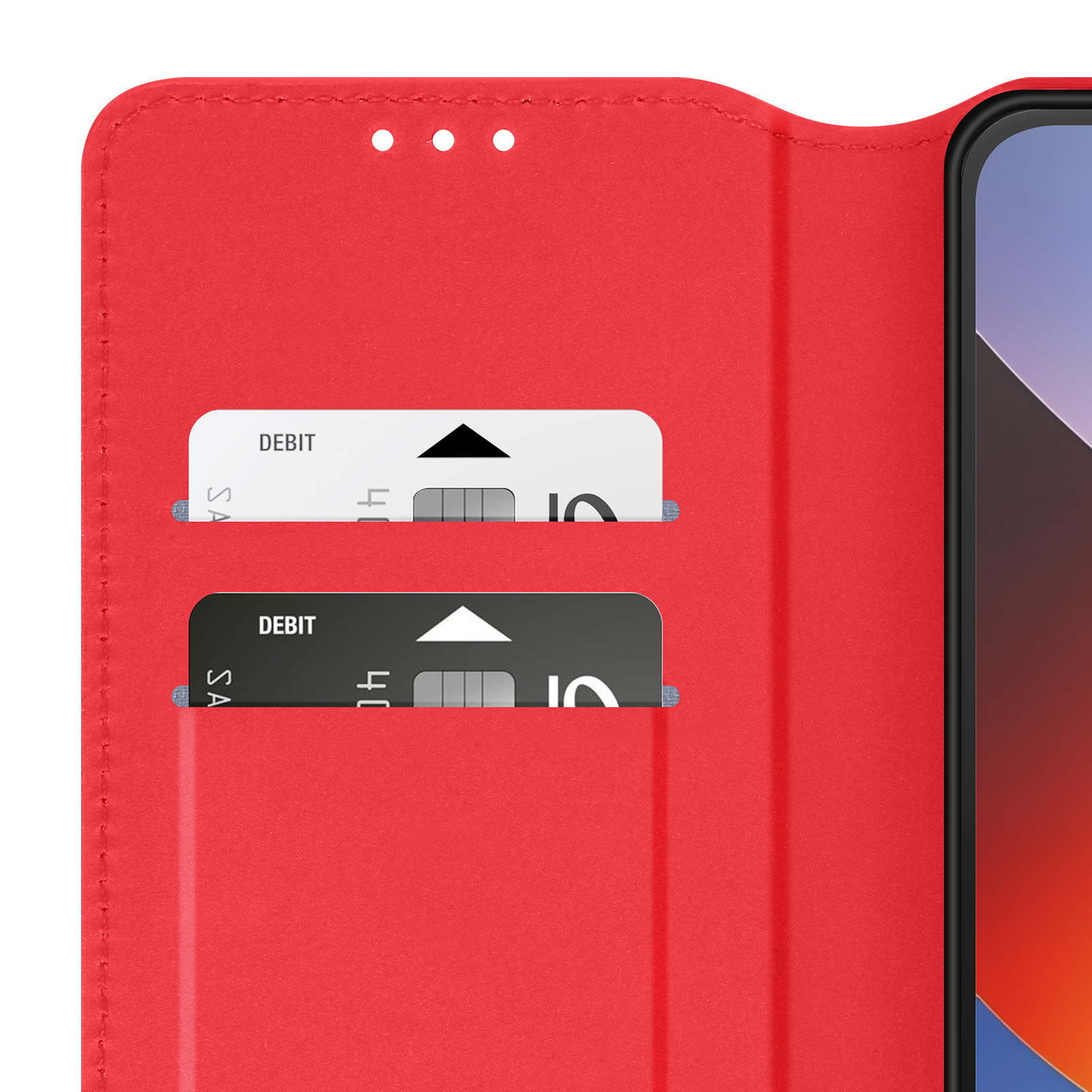Funda de teléfono roja con dos ranuras para tarjetas y tarjetas de débito.