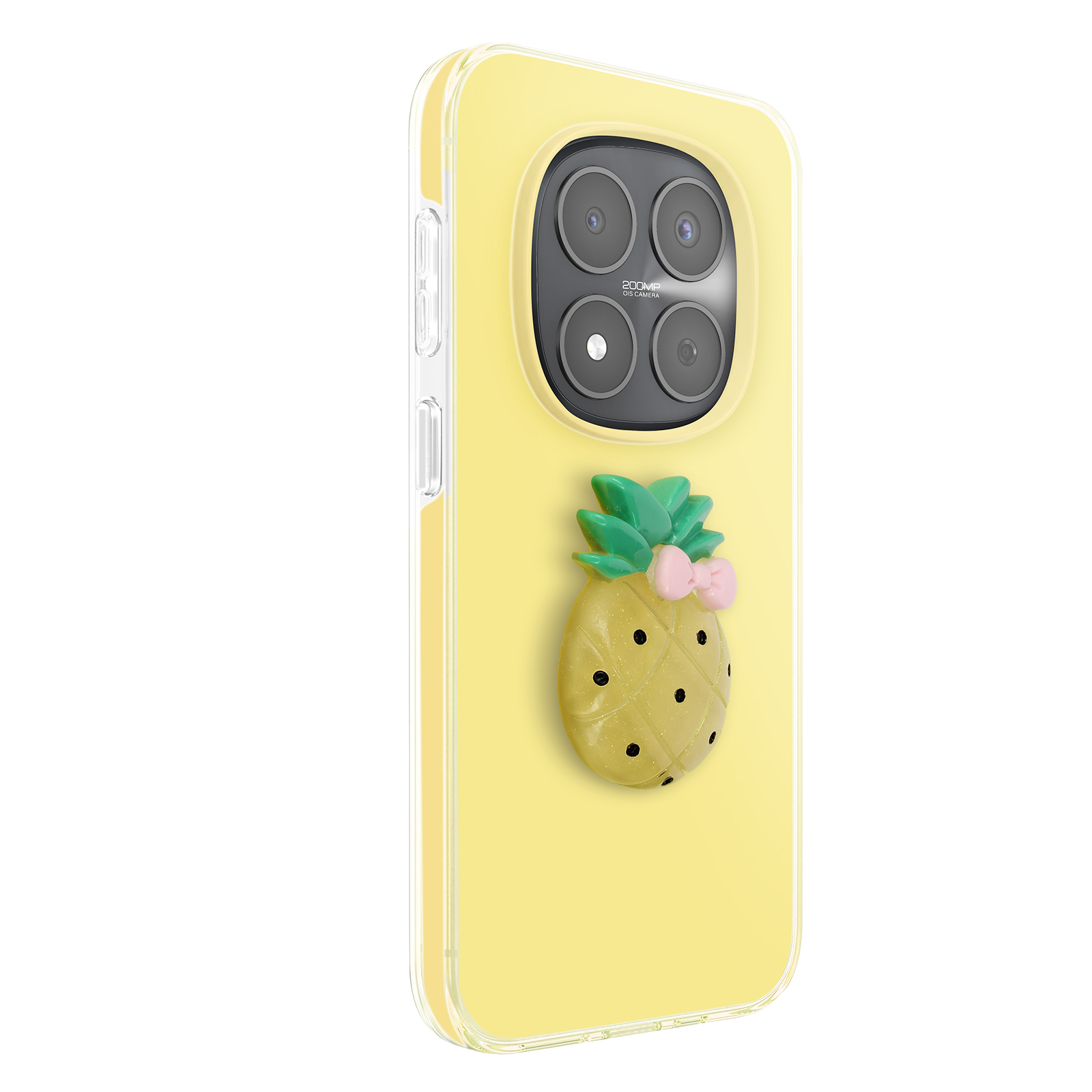 Gelbe Handyhülle mit Ananas-Dekor und Kamera-Ausschnitt.