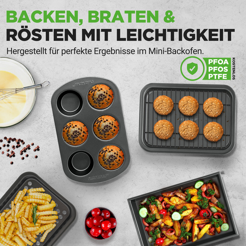 Backutensilien: Muffins, Kekse, Pommes, Kirschen und Braten.