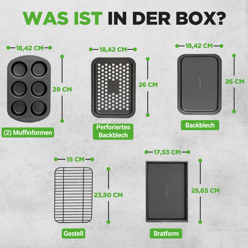 Set mit Backutensilien: Muffinform, perforiertes Backblech, Backblech, Gestell und Bratform.