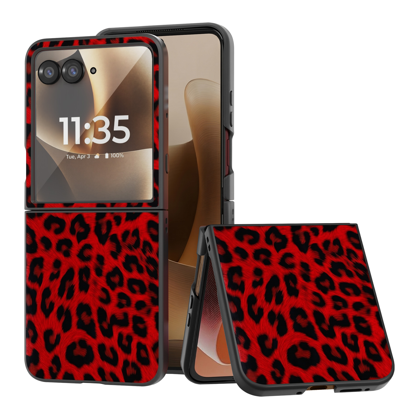 Ein rot-schwarzes Leopardenmuster-Handyhülle-Set für ein faltbares Smartphone.